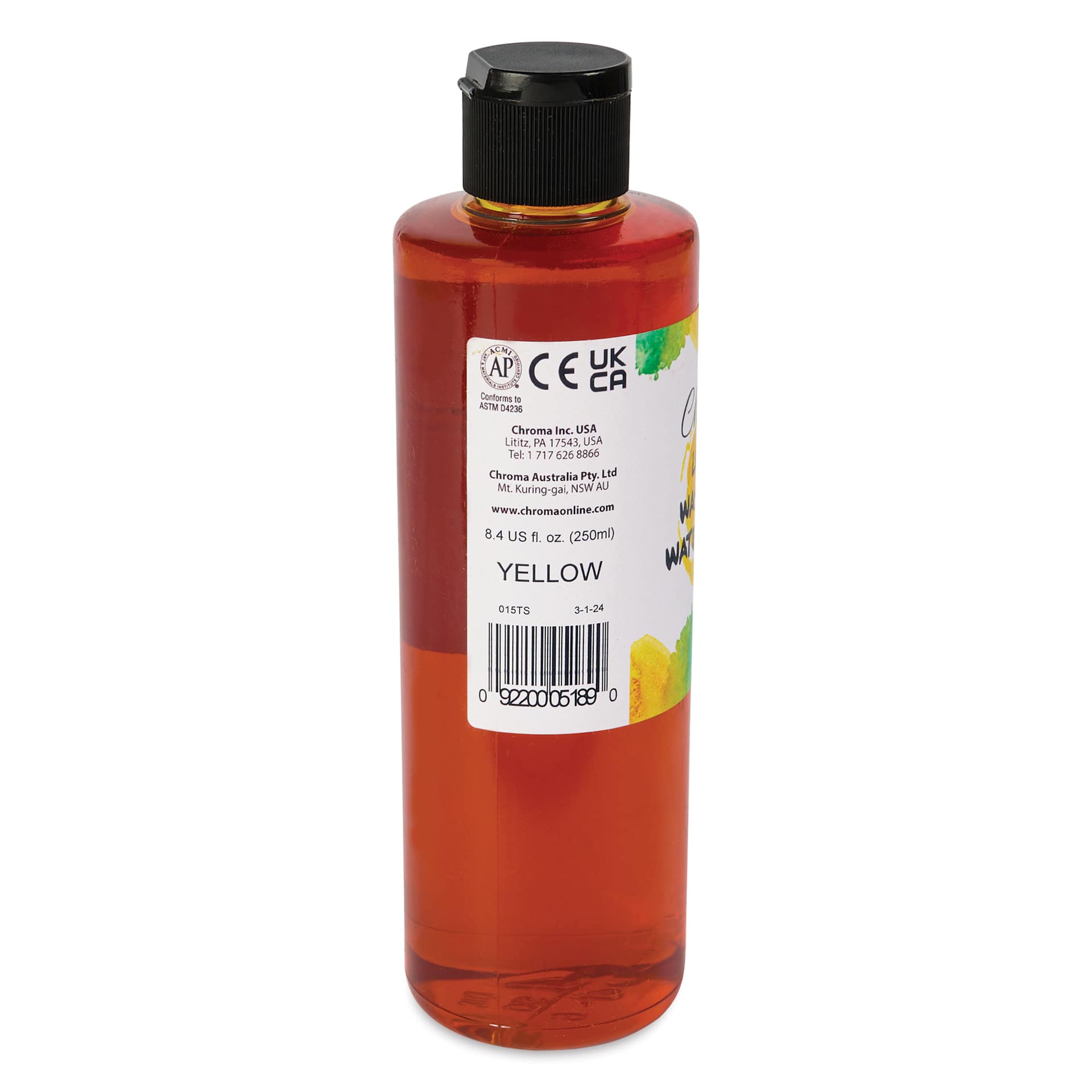 Chroma Liquid Washable Watercolor Paint - Yellow, 8.4 oz, Bottle, back