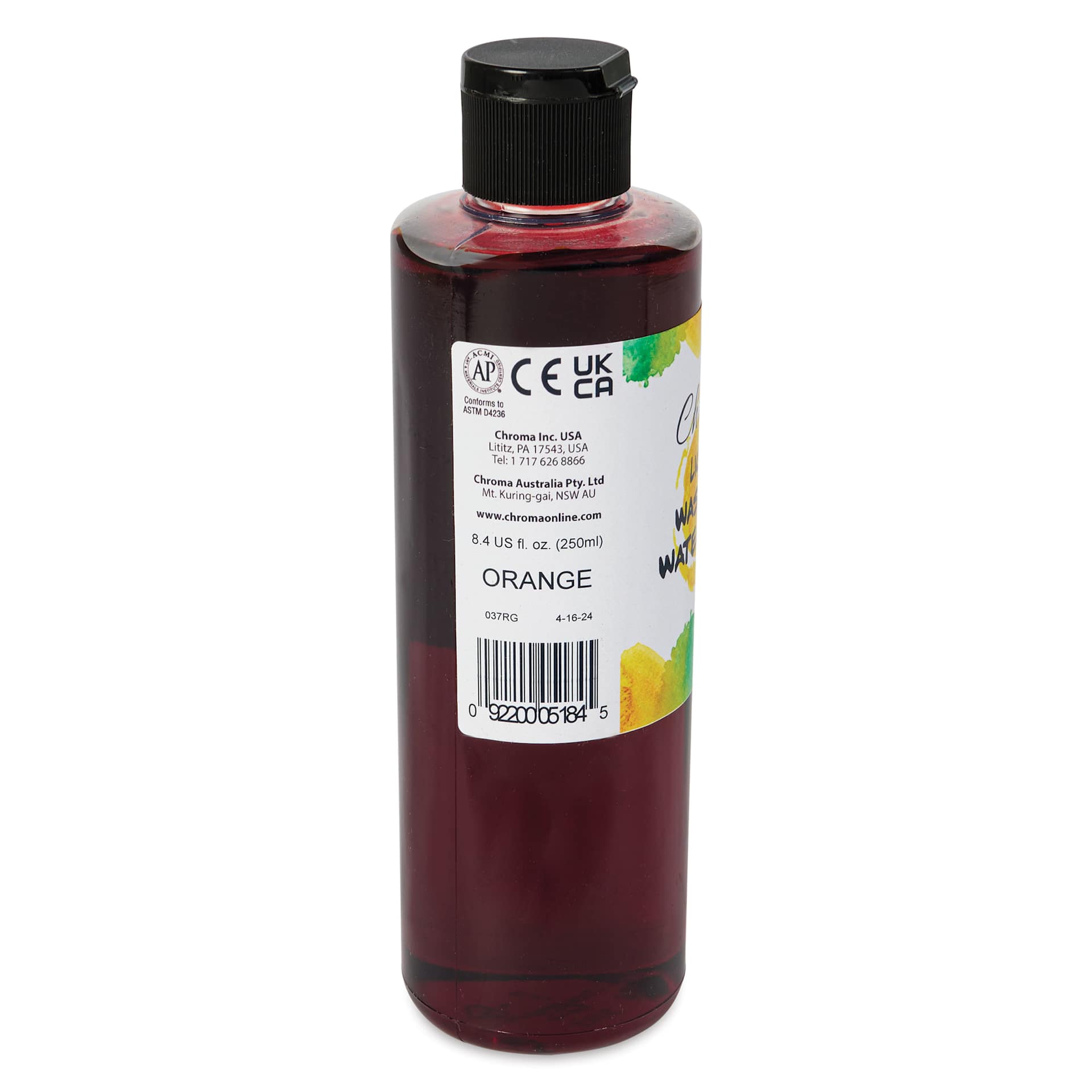 Chroma Liquid Washable Watercolor Paint - Orange, 8.4 oz, Bottle, back