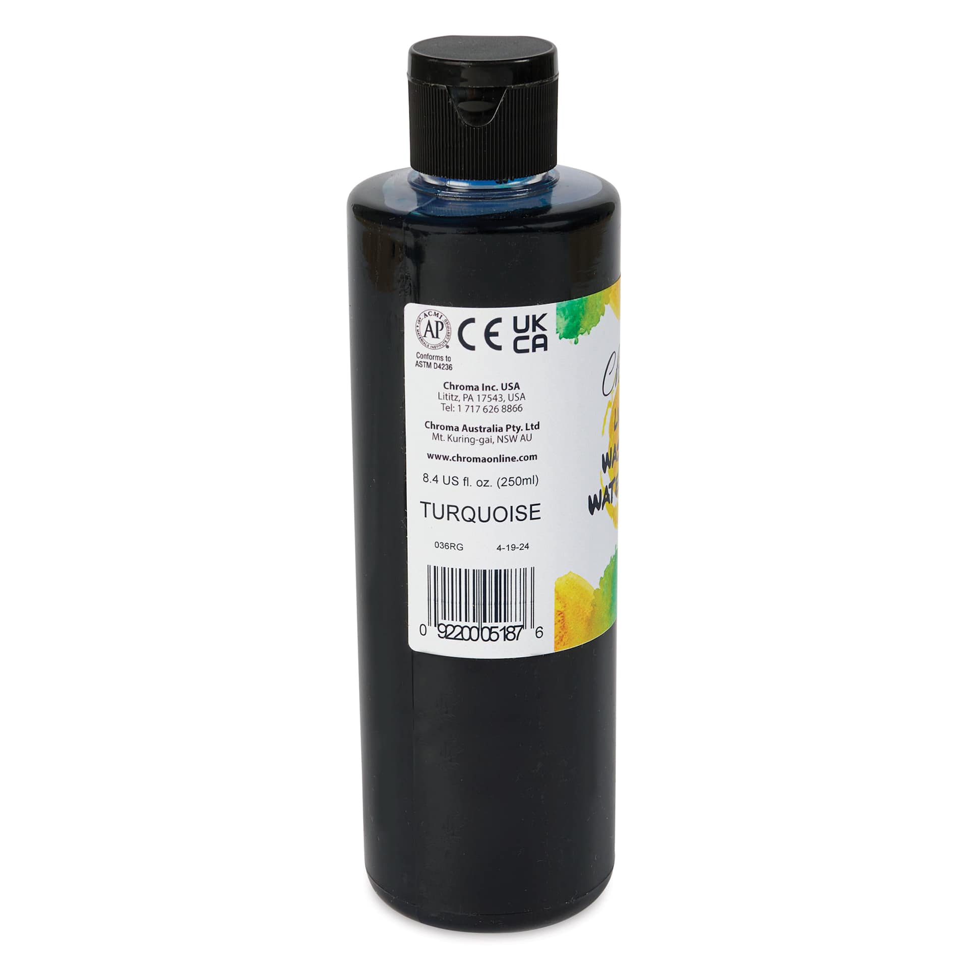 Chroma Liquid Washable Watercolor Paint - Turquoise, 8.4 oz, Bottle, back