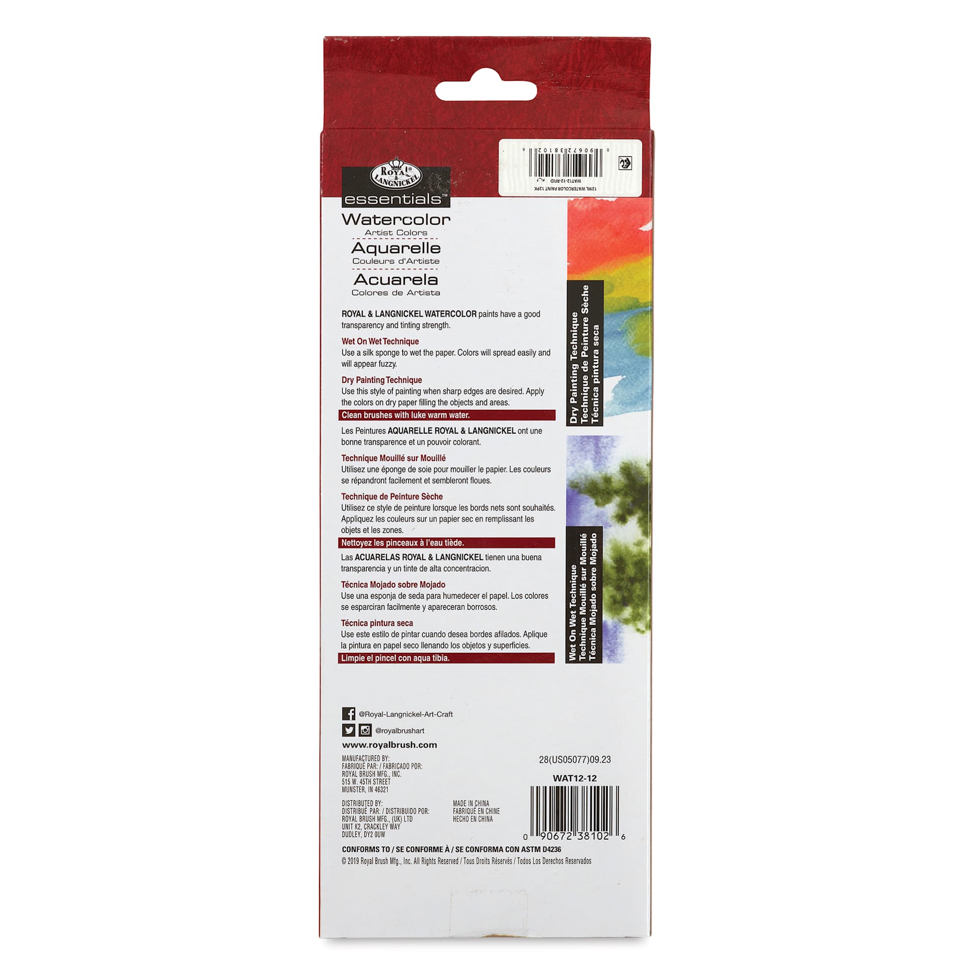 Royal & Langnickel Essentials Watercolor Tubes - Set of 12, 12 ml back of package