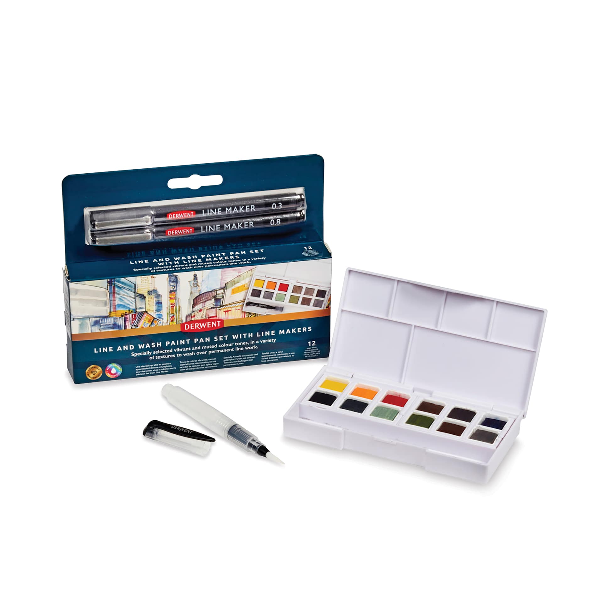Derwent Line and Wash Paint Pan Set - Set of 12, Assorted Colors, set contents with packaging
