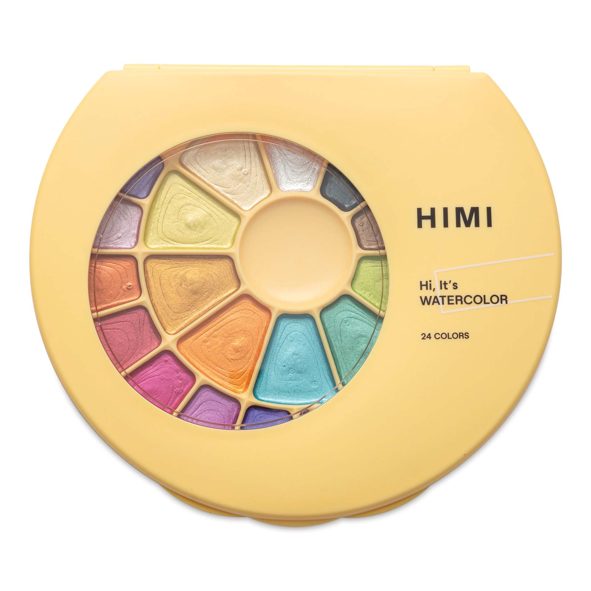 Himi Semi-Moist Watercolor Paint Pan - Set of 24, Metallic Colors, front of tin
