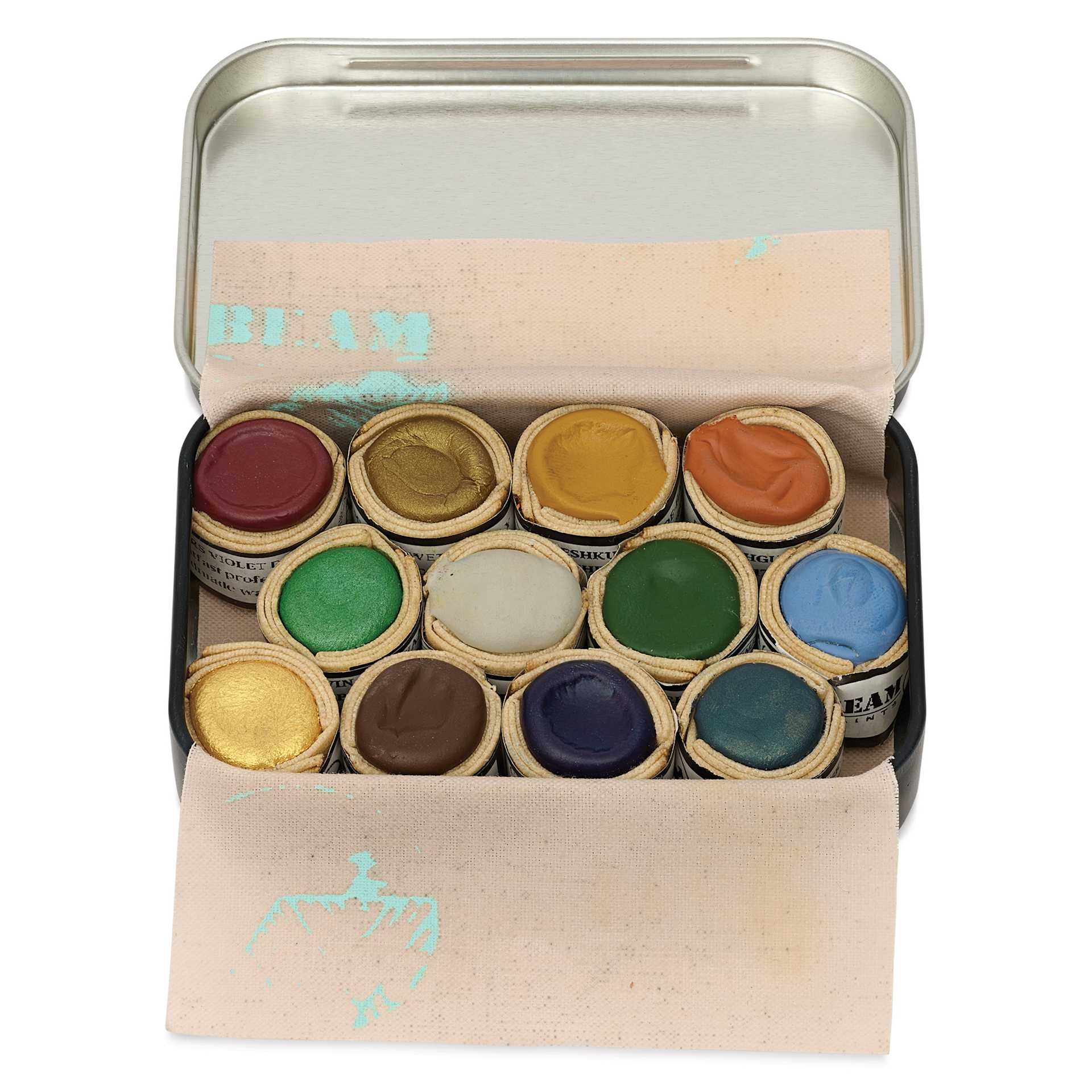 Beam Watercolor Empty Tin - Large, with beeswax cloth inserted, filled with Beam watercolor paintstones (not included)