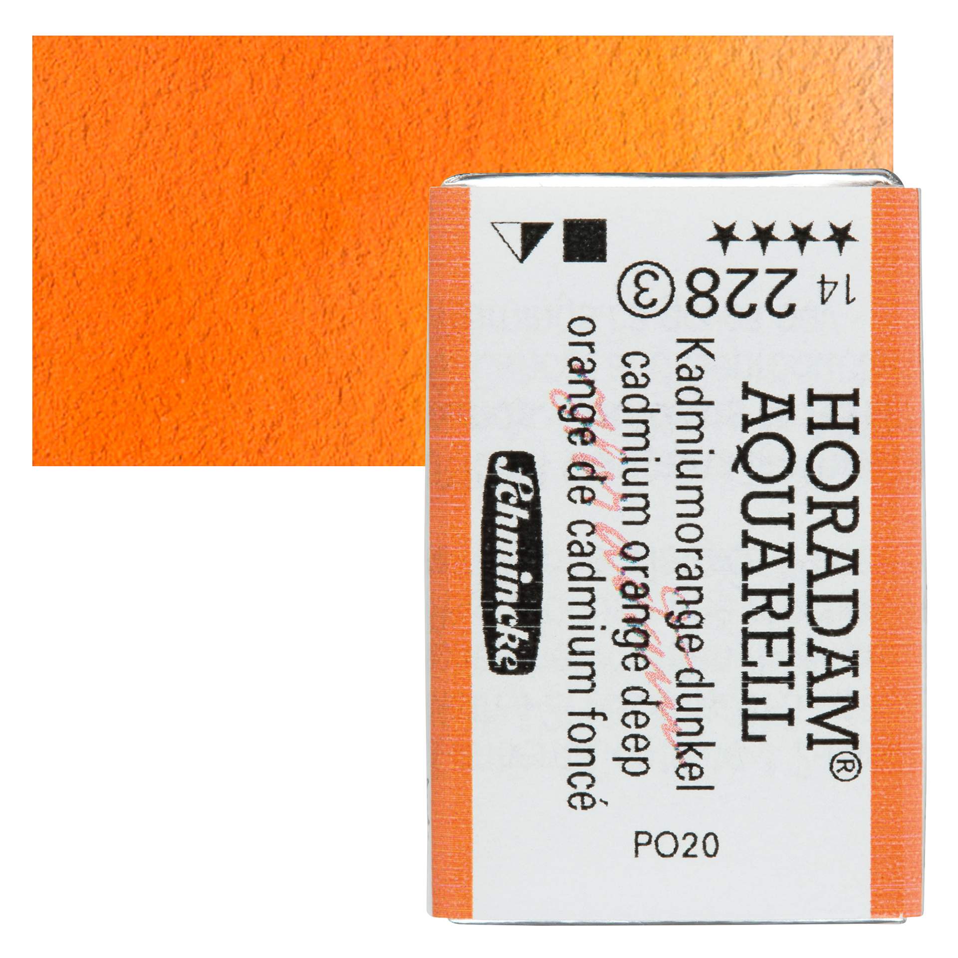 Schmincke Horadam Aquarell Watercolor - Cadmium Orange Deep, Full Pan and swatch