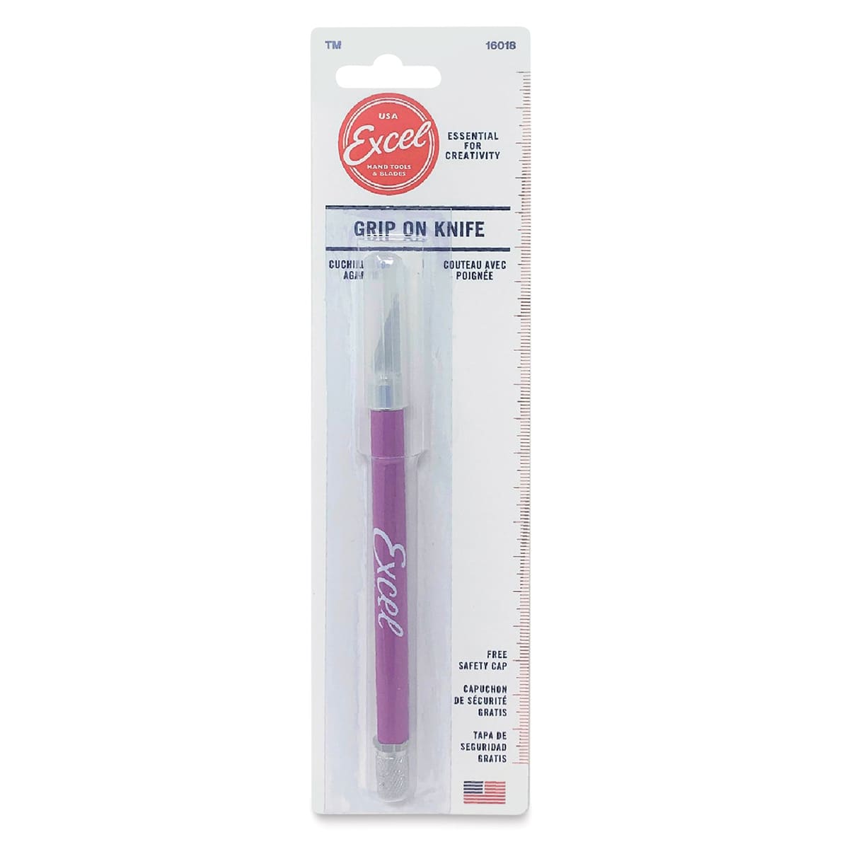 Excel Blades K18 Cushion Grip Knife - Front of blister package of Purple Knife