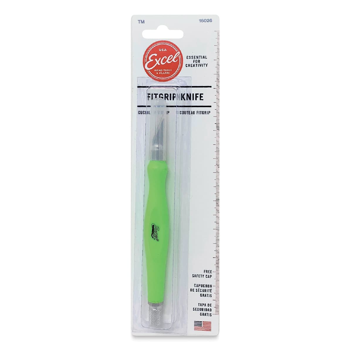 Excel Blades FitGrip Knife - Front of blister package showing Green knife