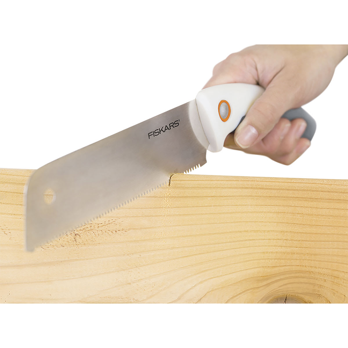 Fiskars Precision Hand Saw - Closeup of hand using Saw to cut wood strip
