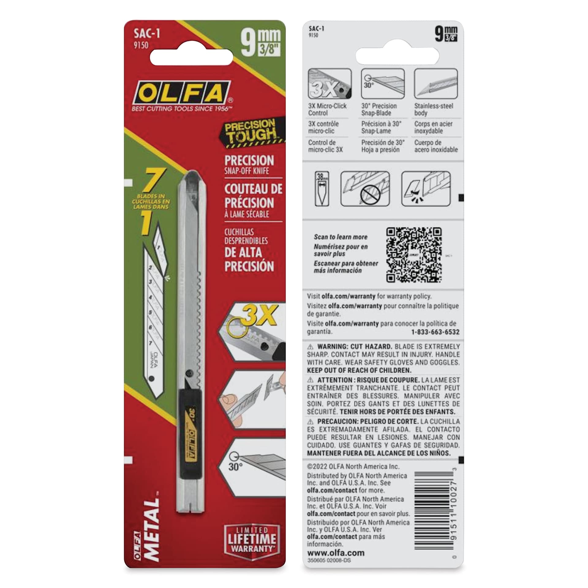 Olfa Stainless-Steel Snap-Off Graphics Knife, front and back of the packaging