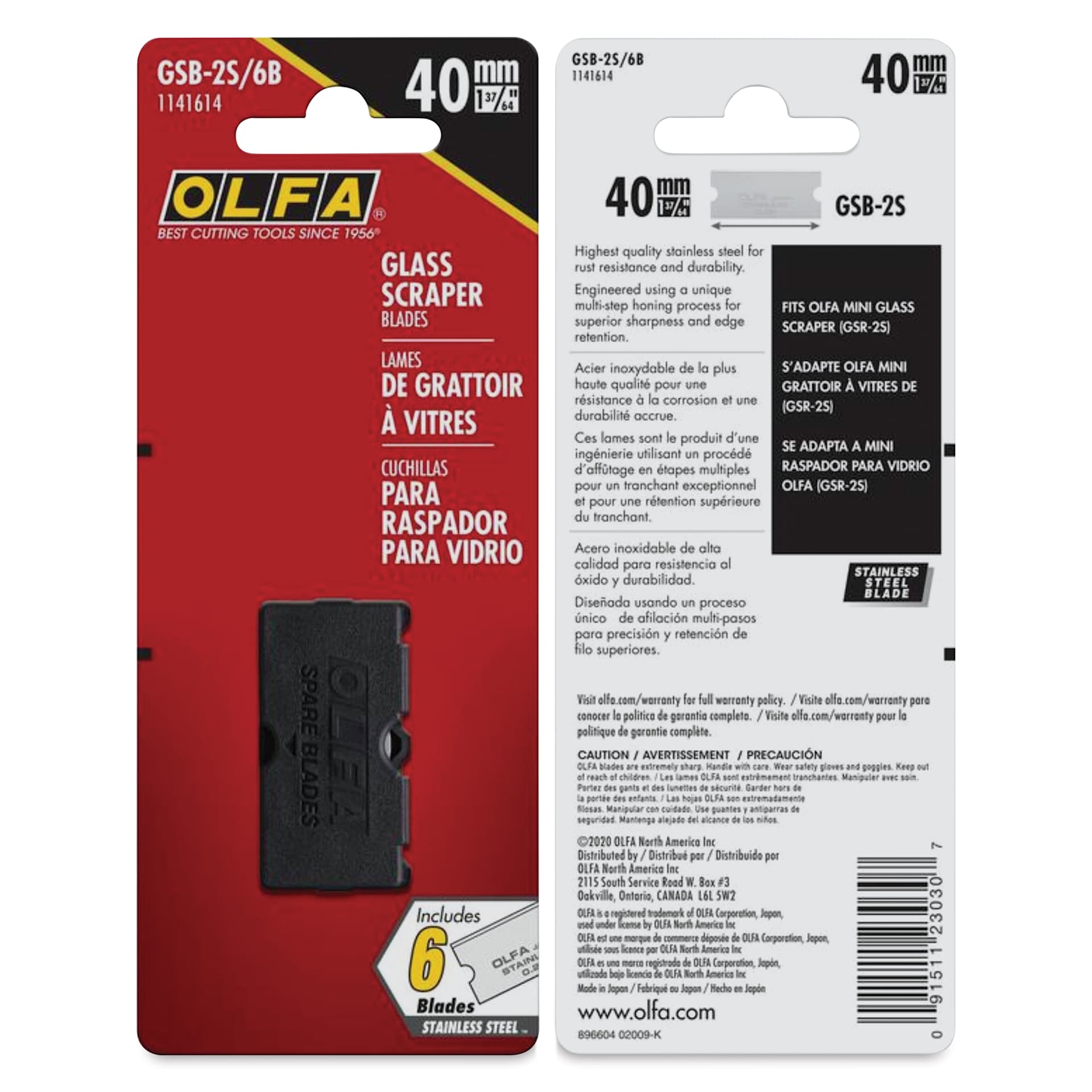 Olfa Glass Scraper - Replacement Blades, Pkg of 6, front and back of packaging