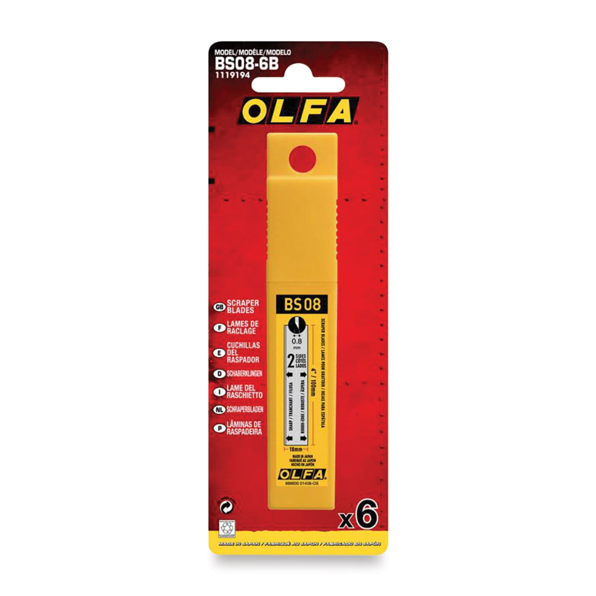 Olfa Extra Heavy Duty Thick Scraper Blades - 4", Pkg of 6, packaging