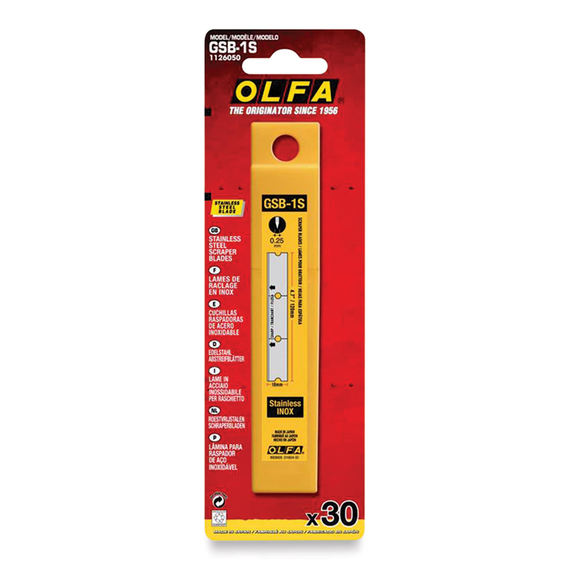 Olfa Stainless Steel Glass Scraper Blades - Pkg of 30, packaging