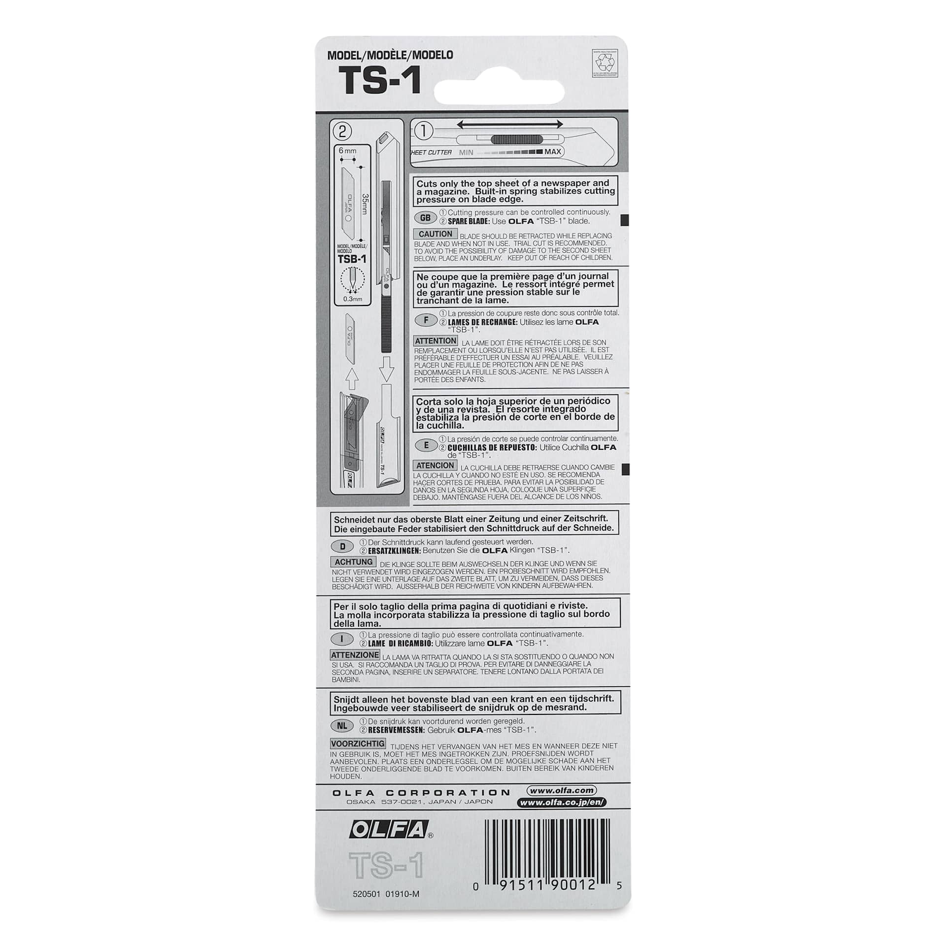 Olfa Top Sheet Cutter, back of the packaging