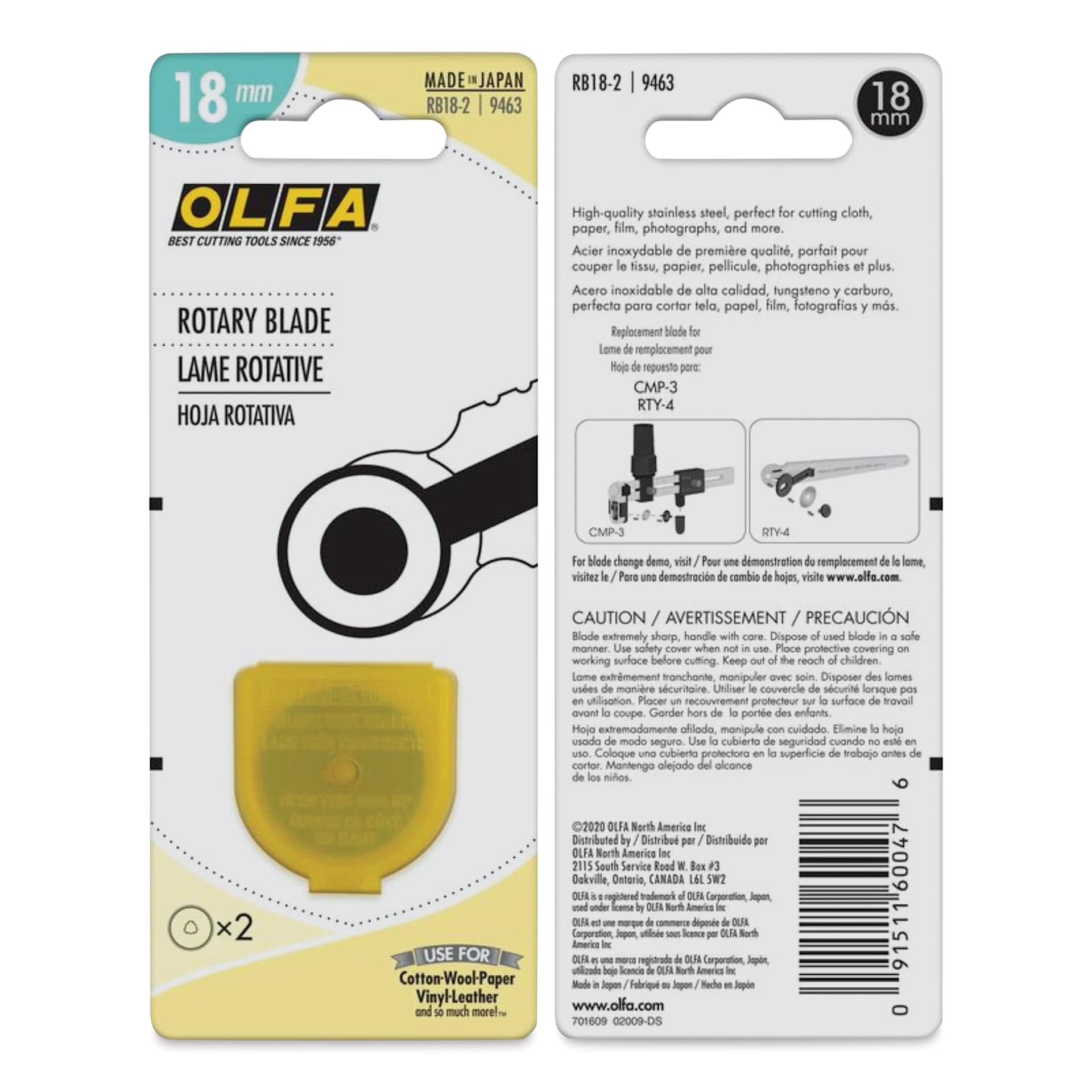 Olfa Rotary Blades - 18 mm, Pkg of 2, front and back of the packaging