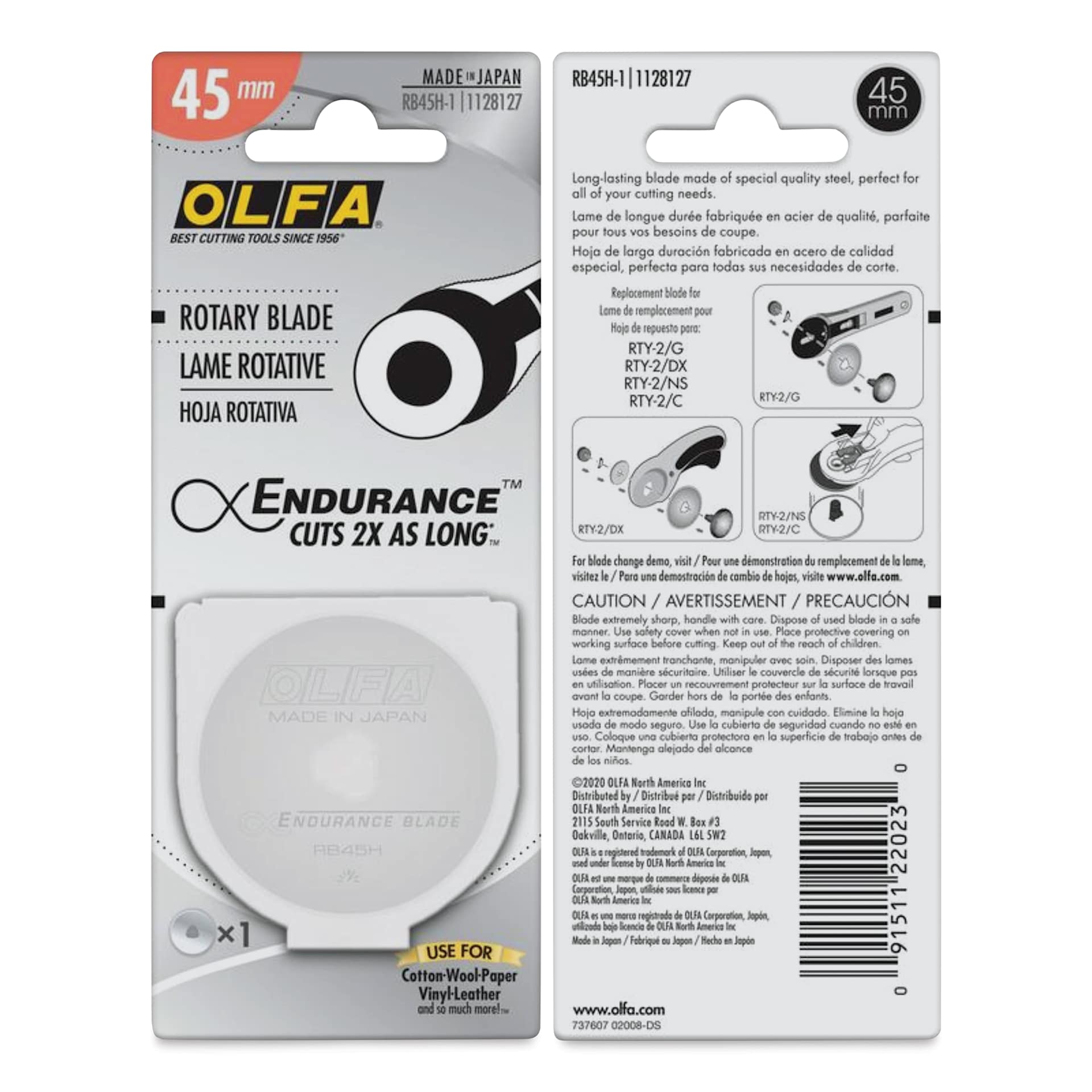 Olfa Endurance Rotary Blade - 45 mm, front and back of the packaging