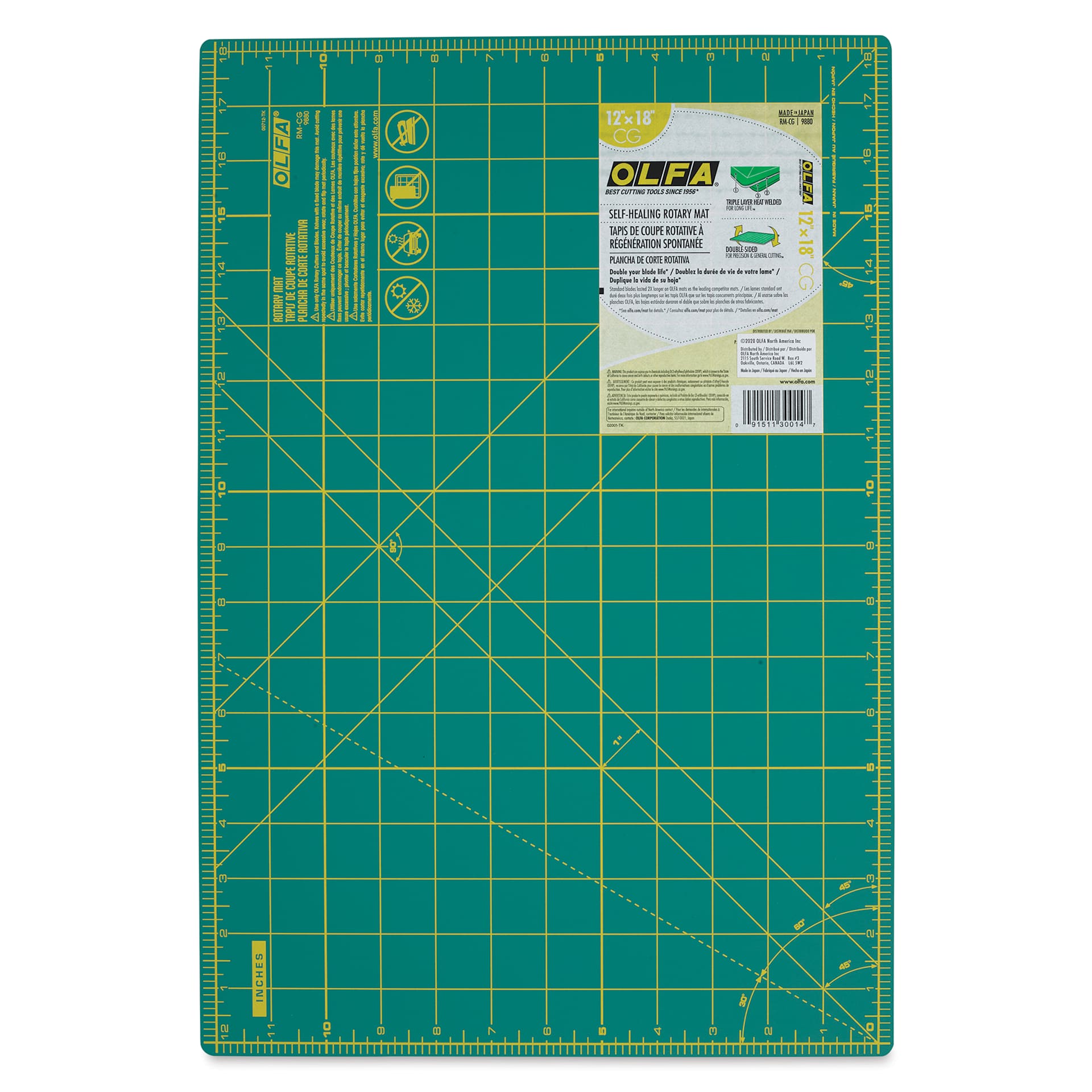 Olfa Self-Healing Rotary Cutting Mat - Green, 12" x 18", grid side