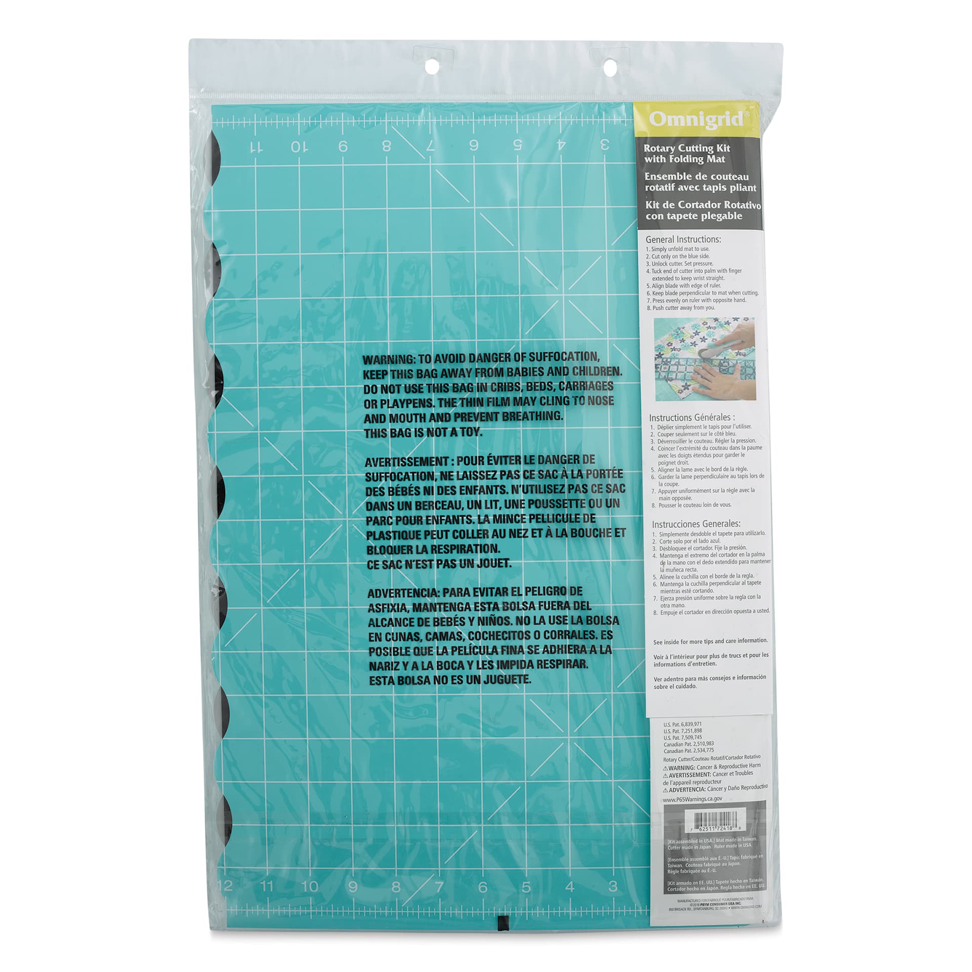 Omnigrid Rotary Cutting Kit with Folding Mat - Large, back of the packaging