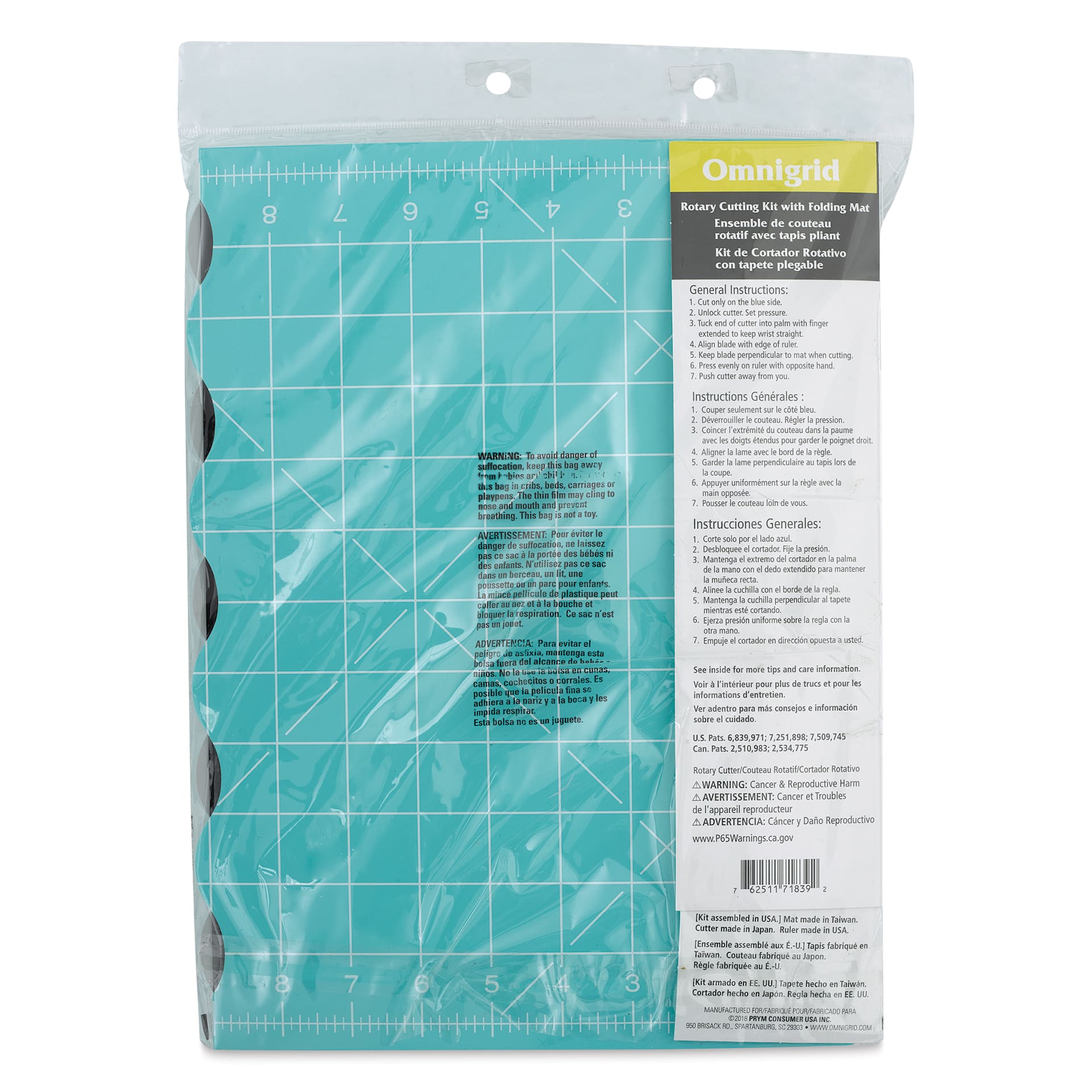 Omnigrid Rotary Cutting Kit with Folding Mat - Small, back of the packaging