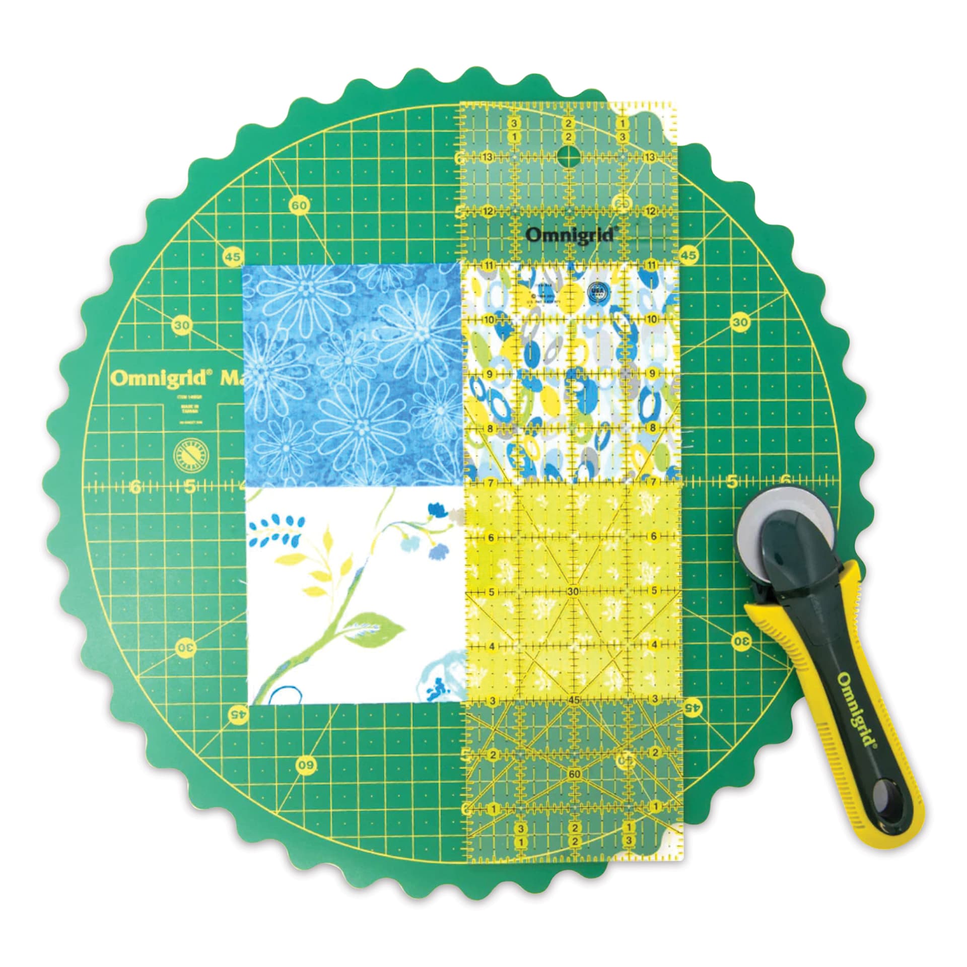 Omnigrid 360 Rotating Cutting Mat - Green/Yellow, 14" - in use, top view (materials not included)