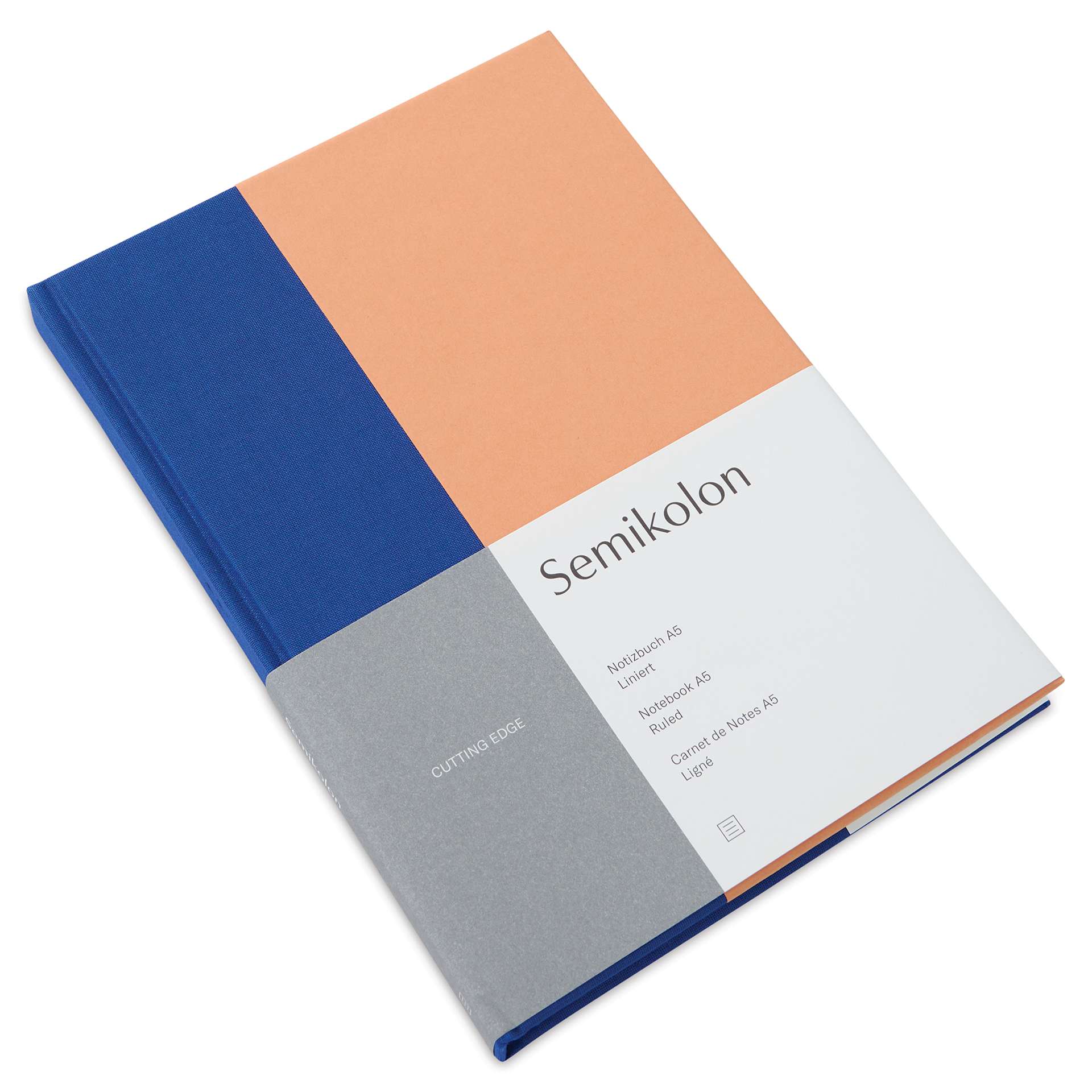 Semikolon Cutting Edge Notebook - Cobalt/Peach, 176 Pages, 5-3/4" x 8-1/4" (front, angled view)