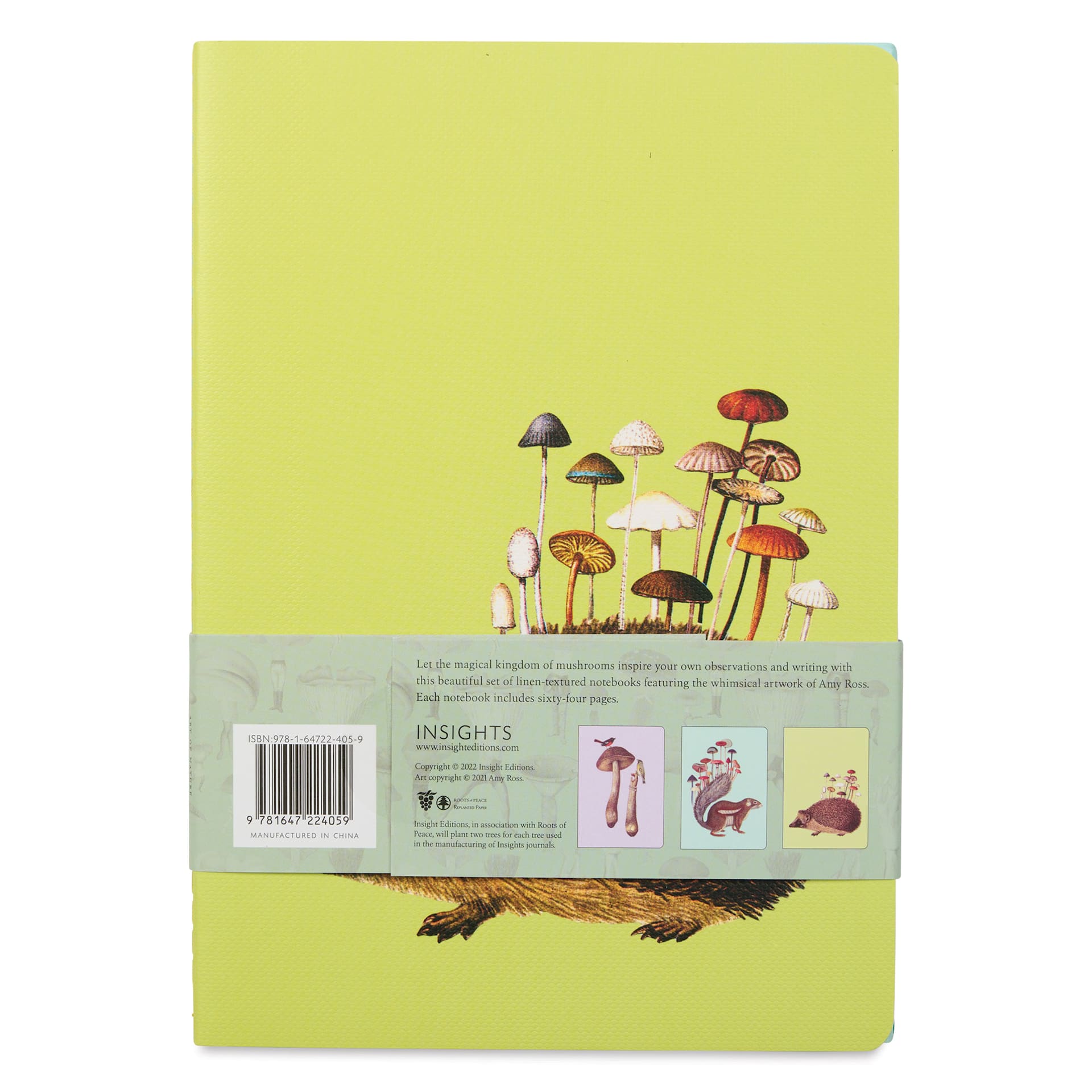 Art of Nature Sewn Notebook Set - Fungi, Set of 3, 6" x 8-1/2", 64 pages, back cover of hedgehog with cluster of fungi