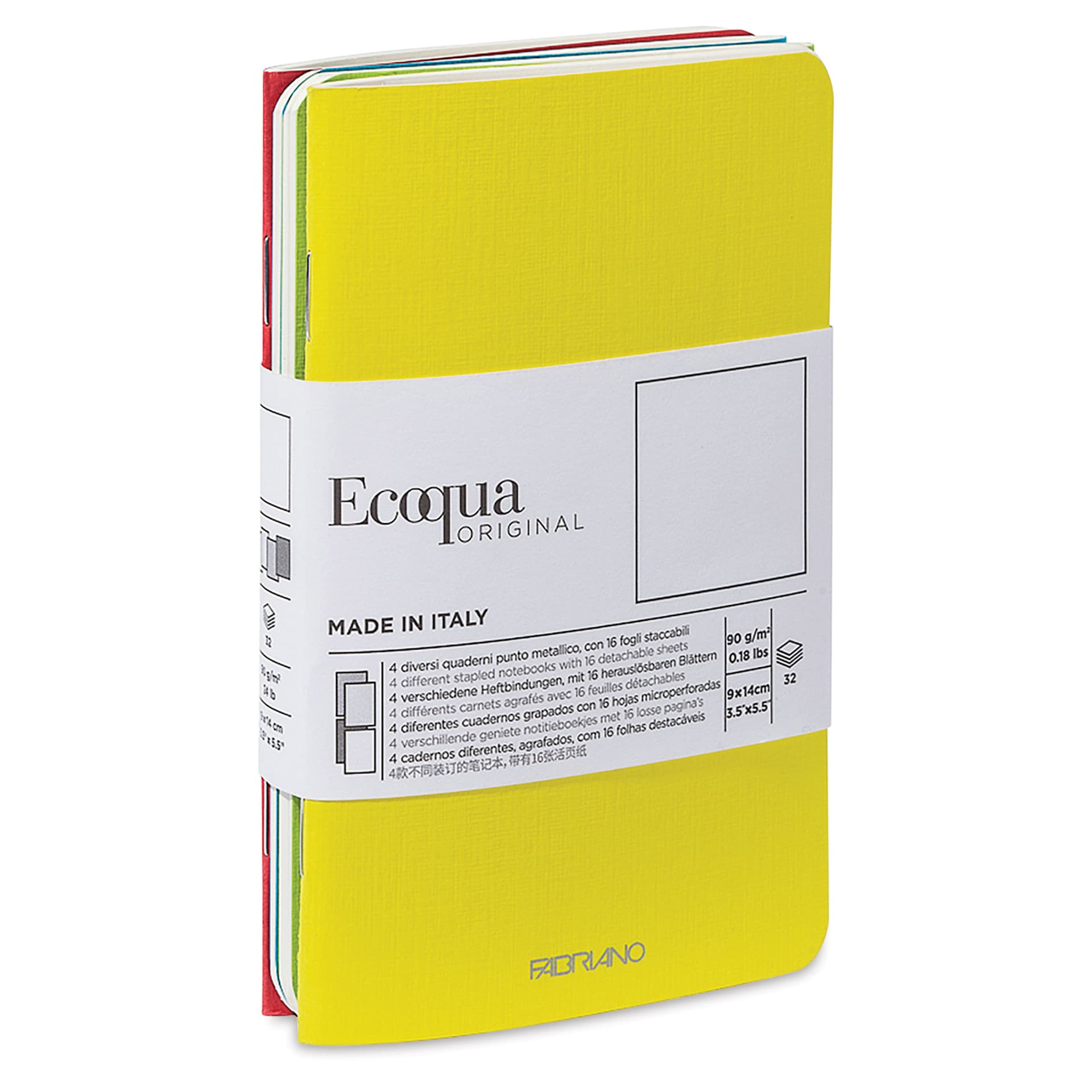 Fabriano EcoQua Staplebound Notebooks - Pkg of 4, Spring Colors, 3.5" x 5.5", Blank, in packaging