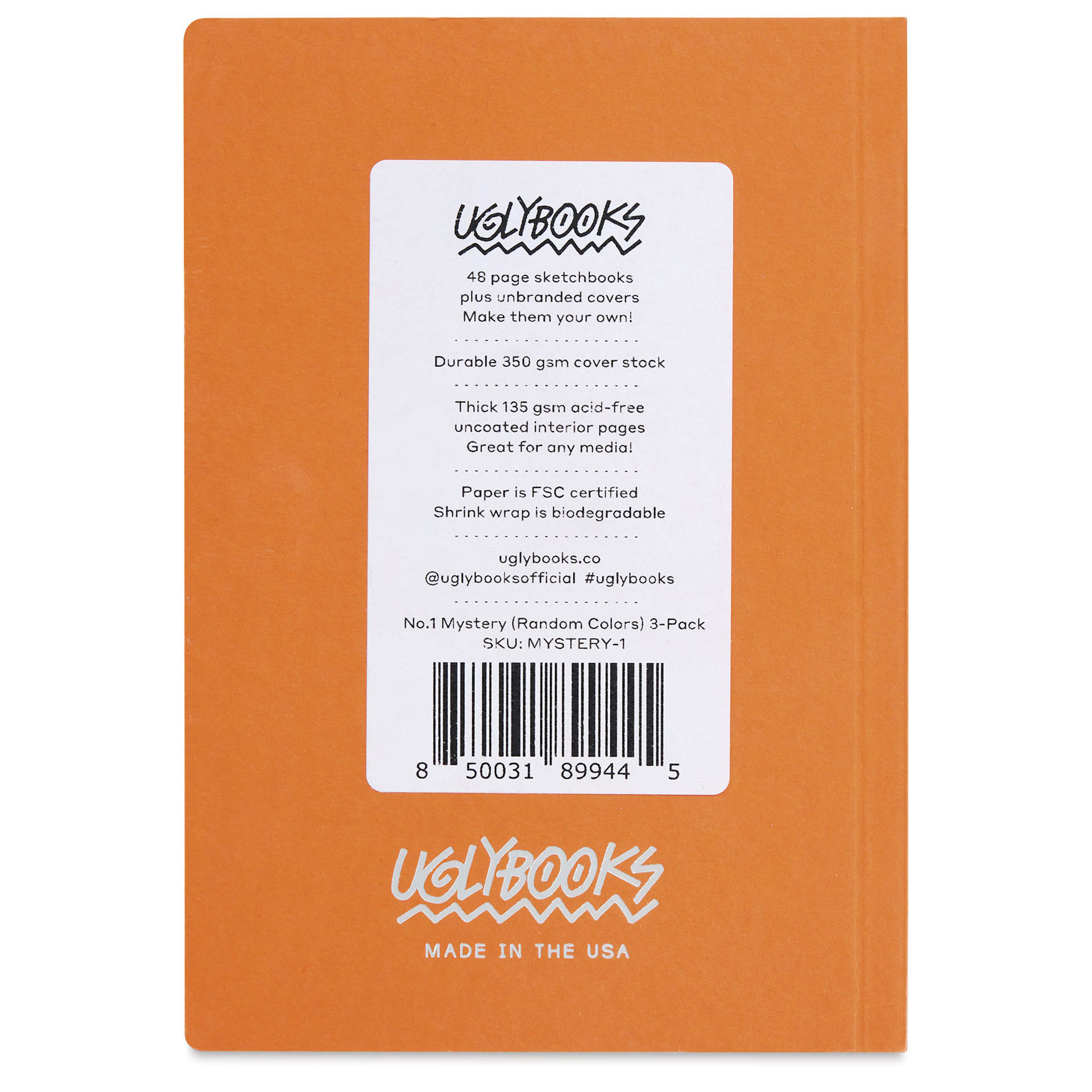 Uglybooks Perfect Bound Notebook - NO.1 Mystery, 5-3/4" x 4", 135 gsm, Pkg of 3, back of package