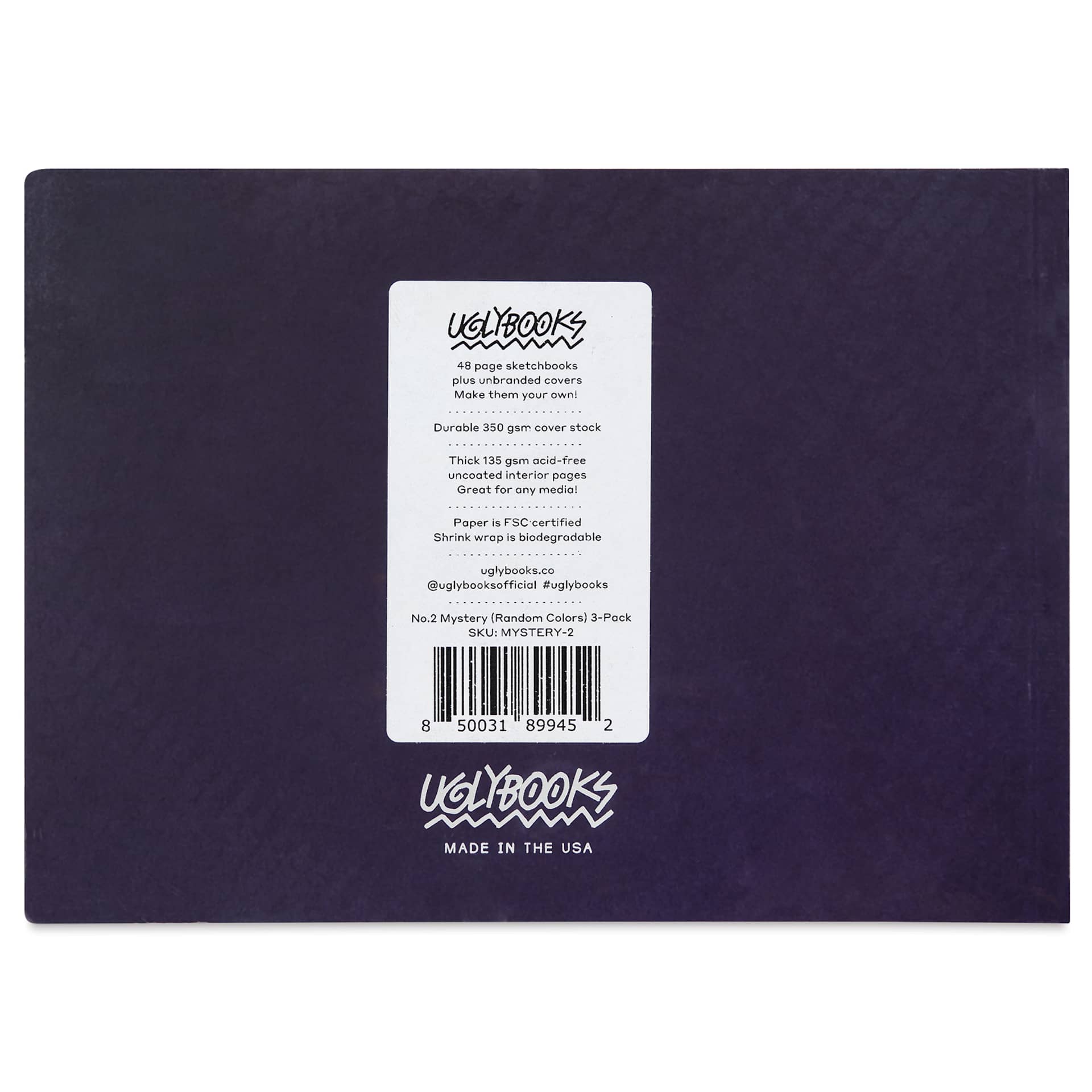 Uglybooks Perfect Bound Notebook - NO.2 Mystery, 5-3/4" x 8", 135 gsm, Pkg of 3, back of package