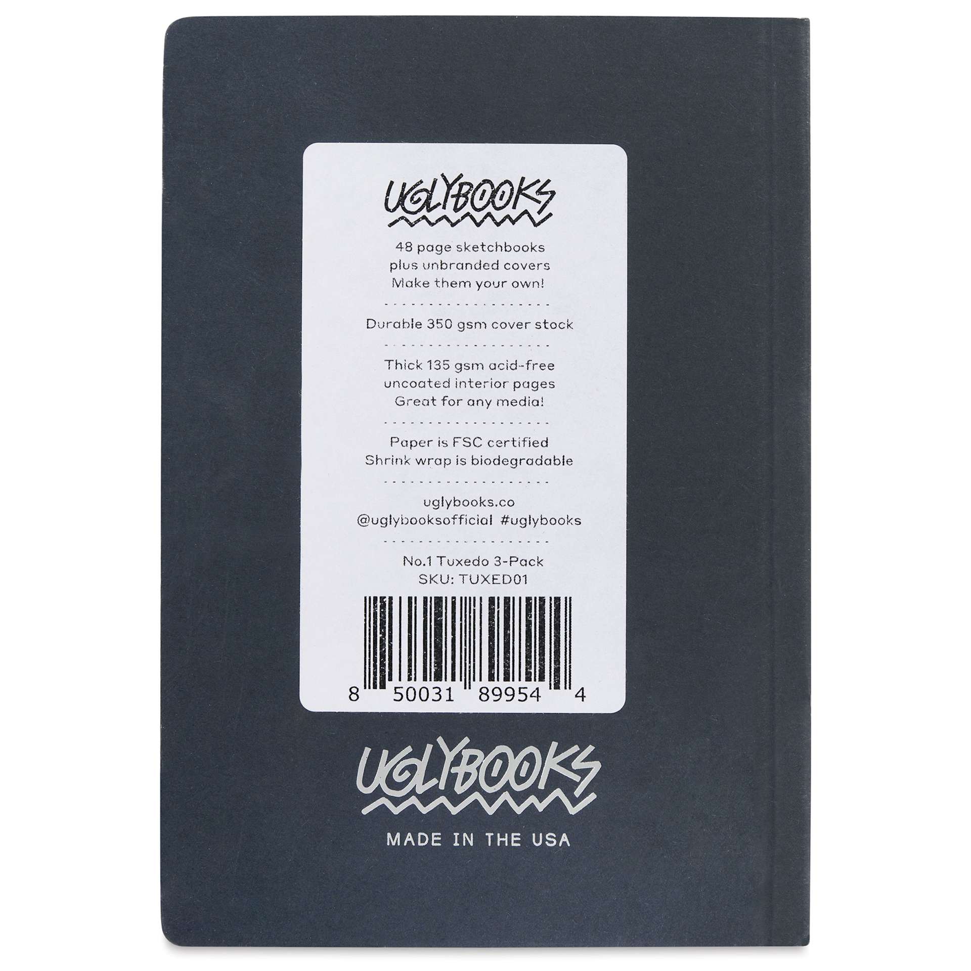 Uglybooks Perfect Bound Notebook - NO.1 Tuxedo, 5-3/4" x 4", 135 gsm, Pkg of 3, back of package