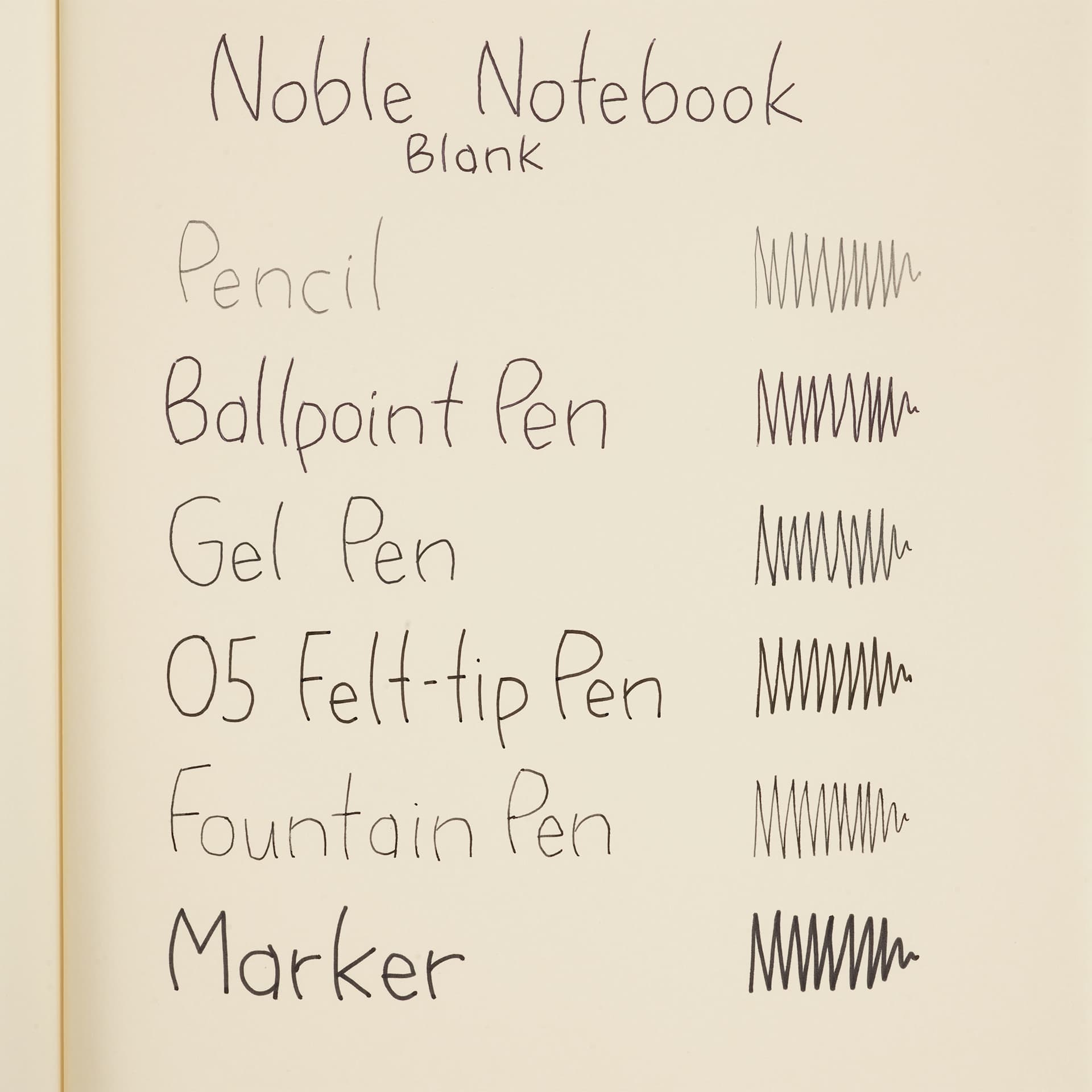 Life Stationery Noble Notebooks, swatch of pen marks on blank paper