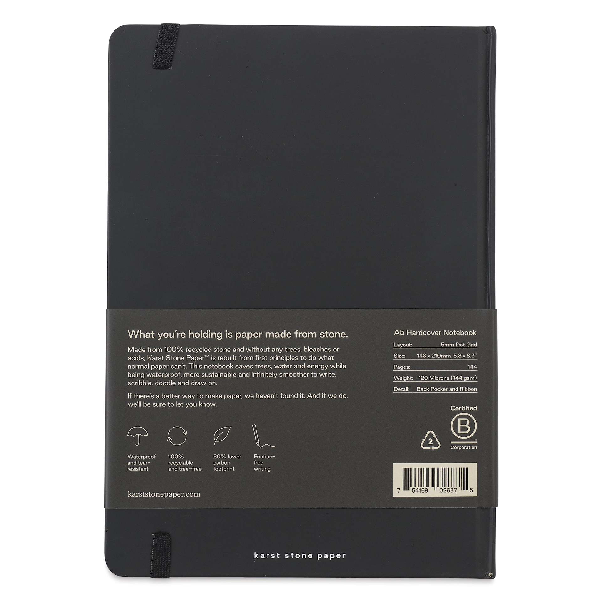 Karst Stone Paper Notebook - Black, A5, Dot Grid, back