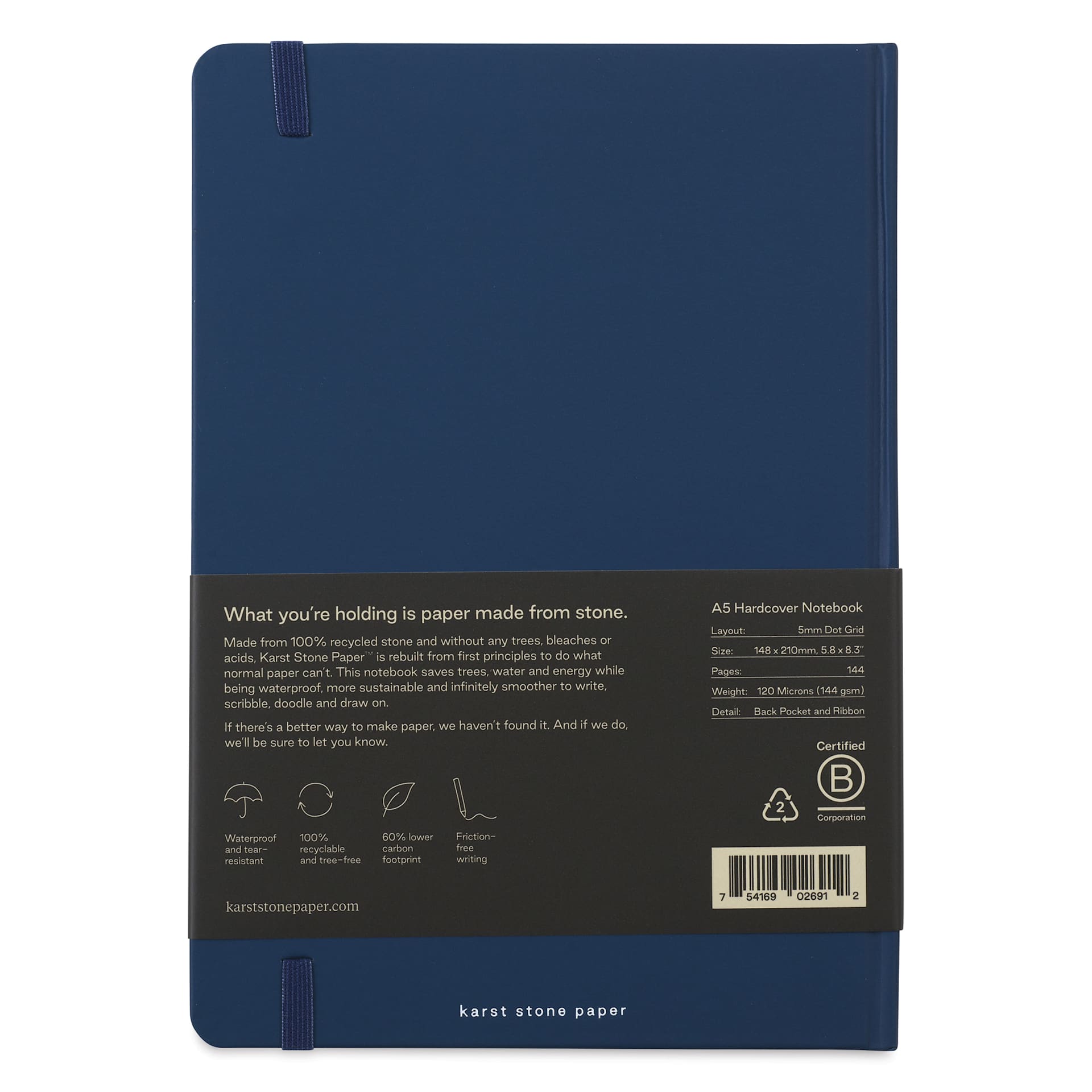 Karst Stone Paper Notebook - Navy, A5, Dot Grid, back