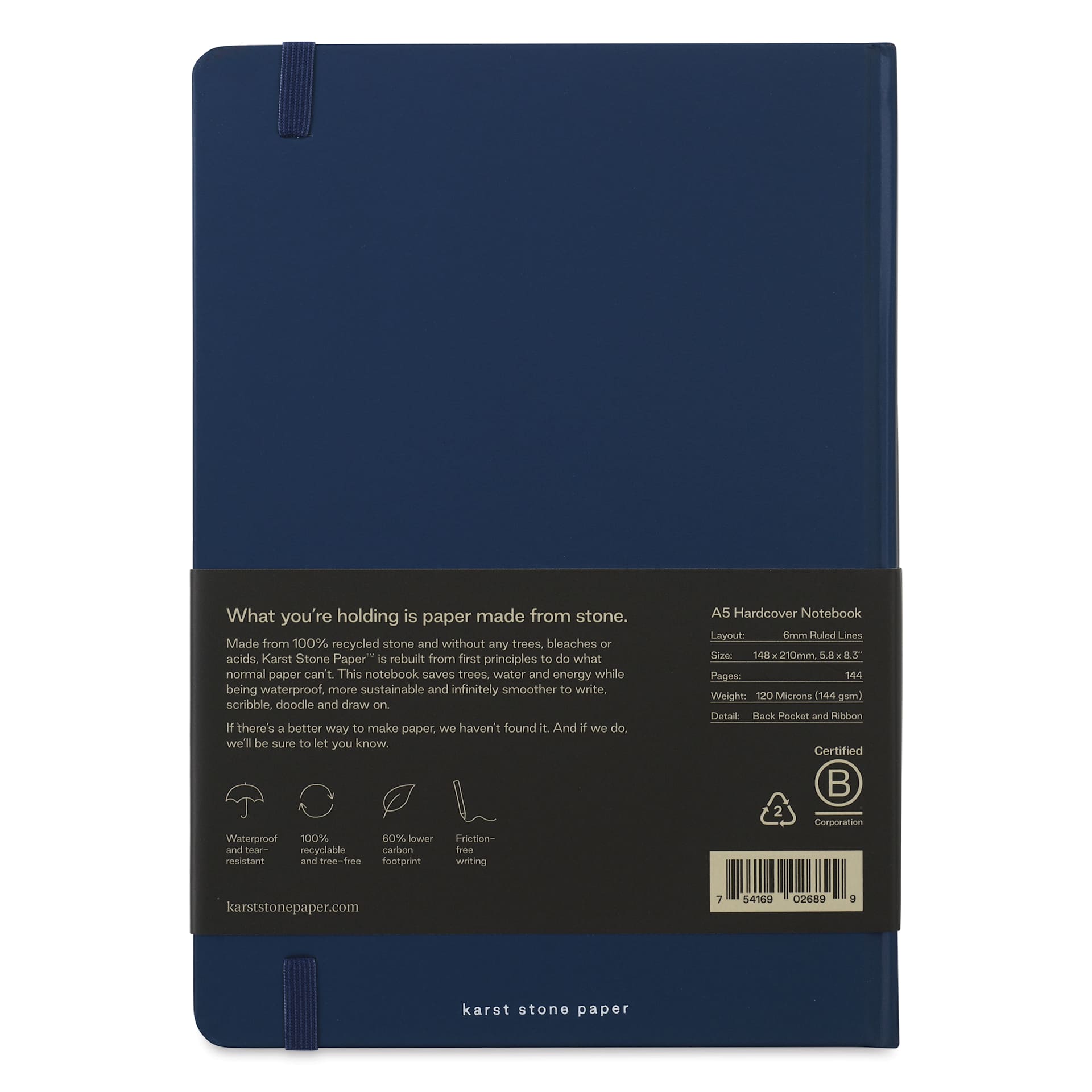 Karst Stone Paper Notebook - Navy, A5, Lined, back