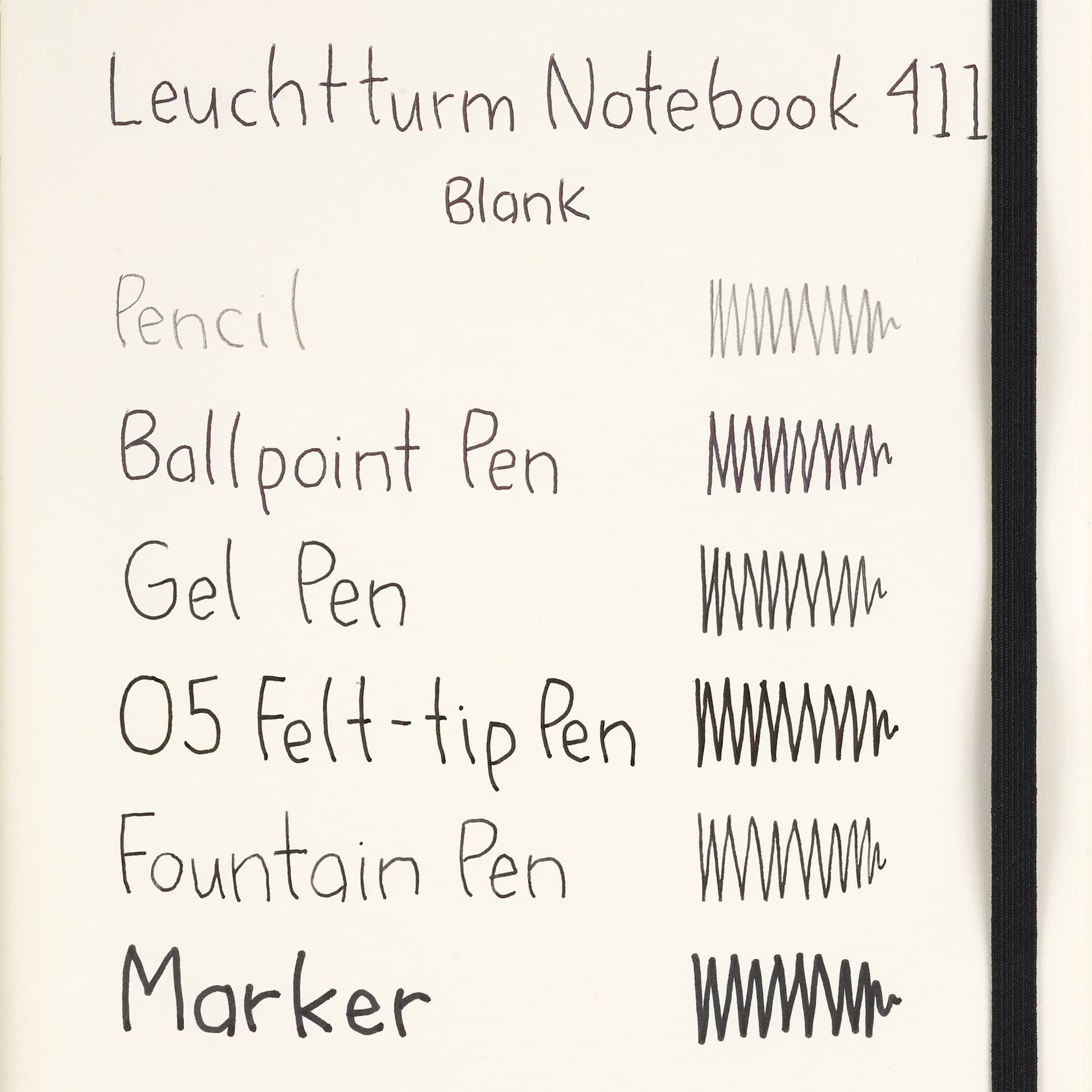 Leuchtturm1917 411 Notebooks, swatch of pen marks on blank paper