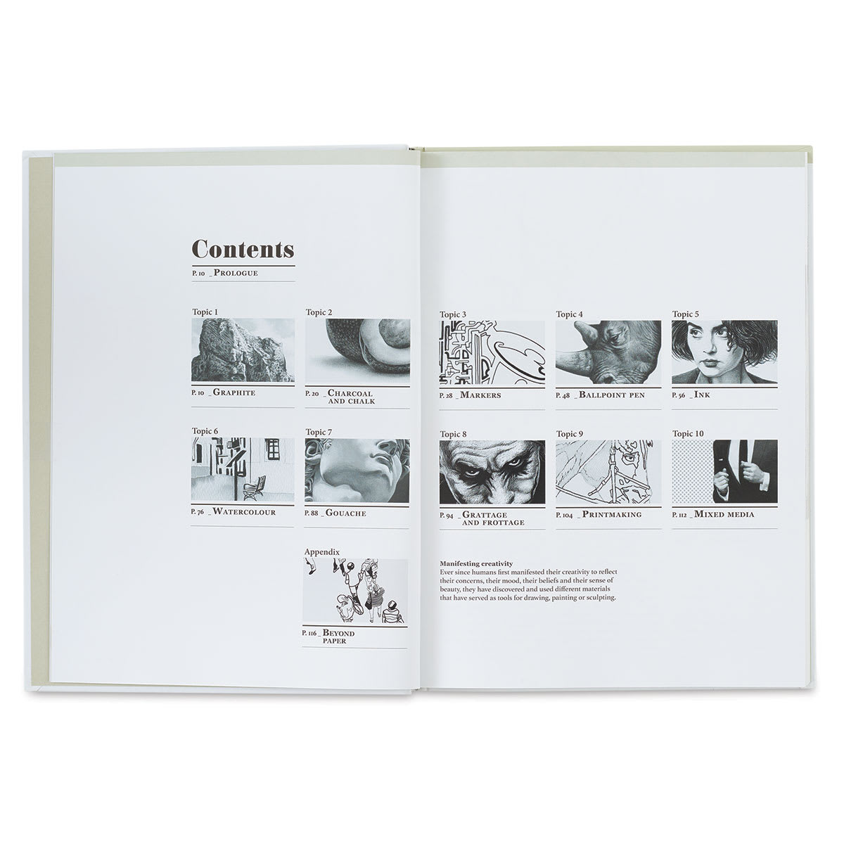 Exploring Black and White: Drawing and Painting Techniques - Inside spread of Table of Contents