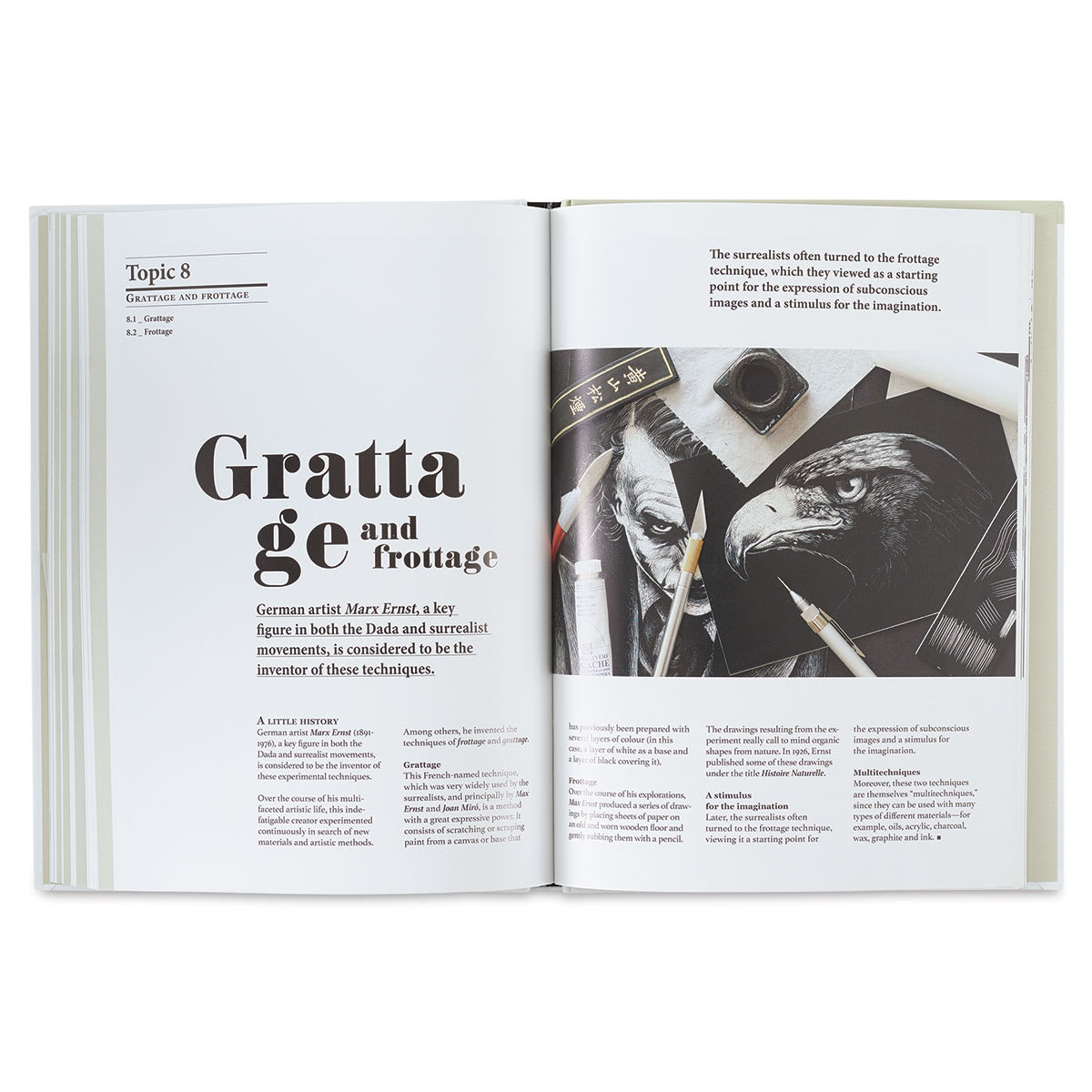 Exploring Black and White: Drawing and Painting Techniques - Spread of Topic 8 on Grattage 