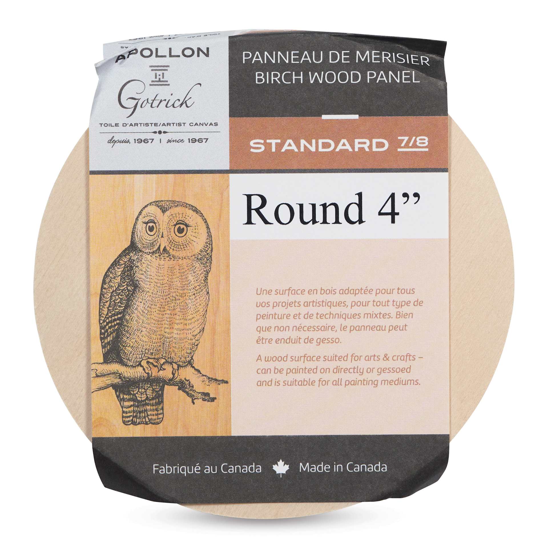 Apollon Gotrick Round Wood Panel - 4" Dia, 7/8" Profile front with label
