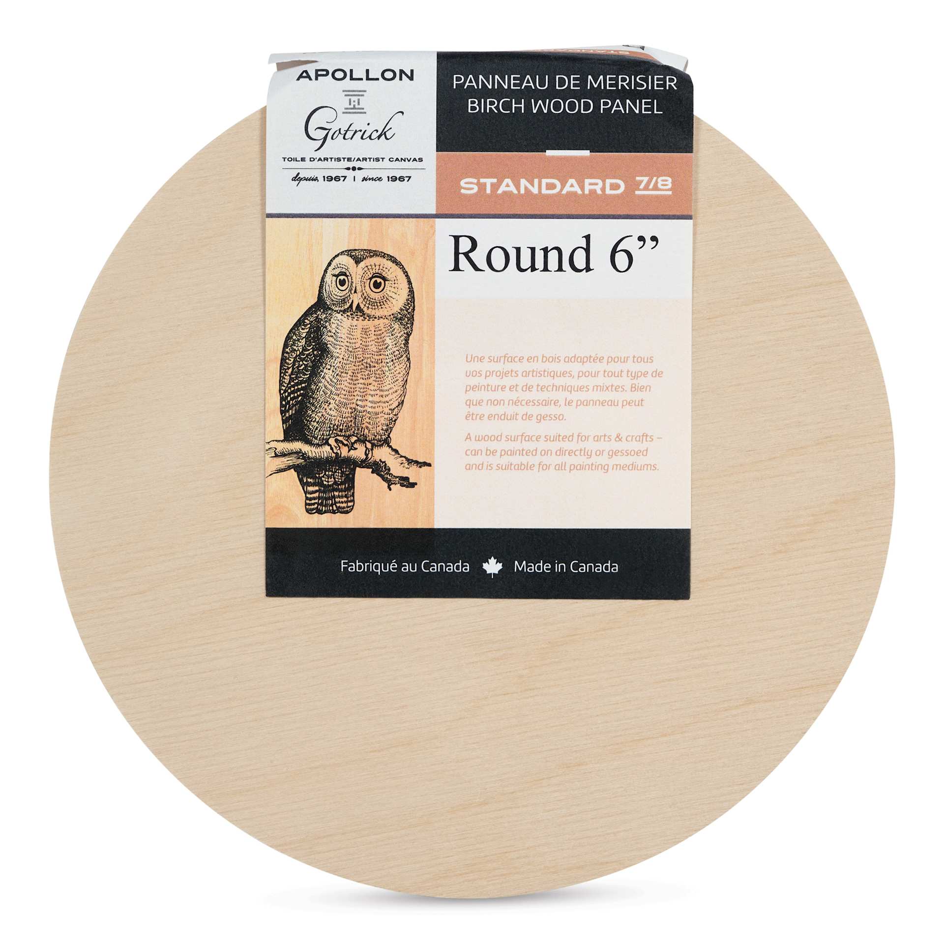 Apollon Gotrick Round Wood Panel - 6" Dia, 7/8" Profile front with label