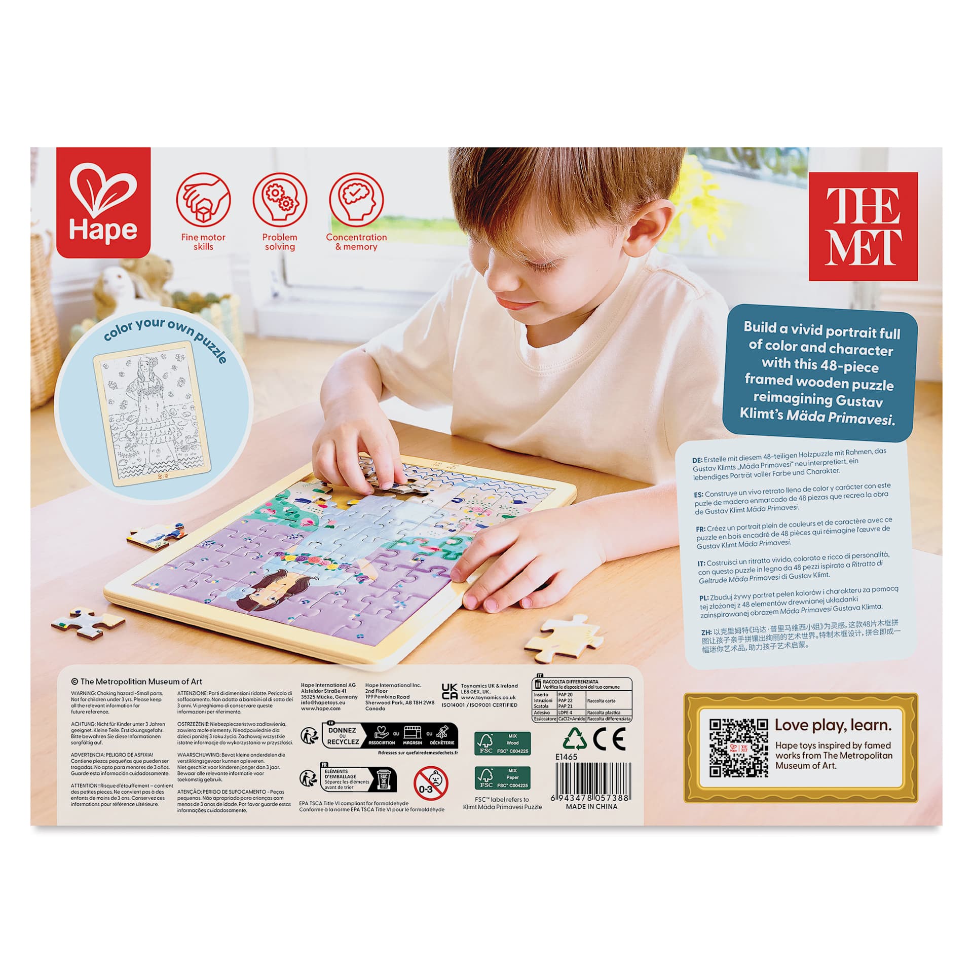 Hape x The Met Klimt Mäda Primavesi Wooden Frame Puzzle - 48 Pieces, back of packaging