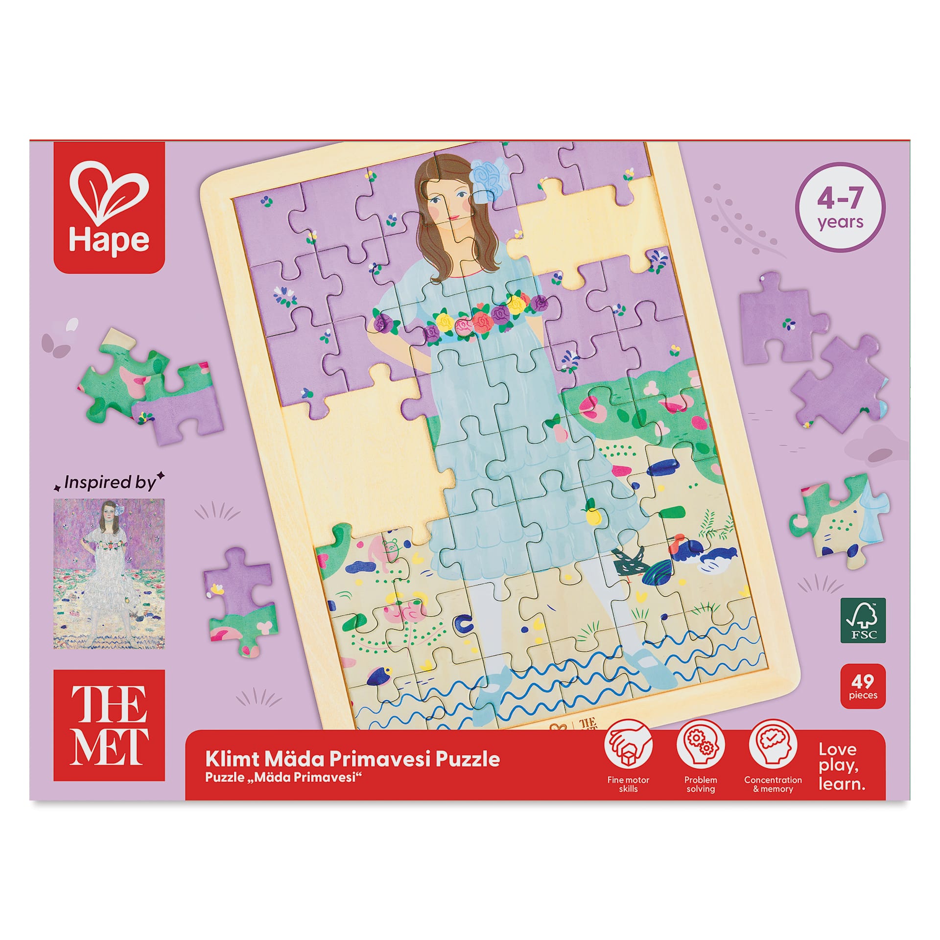 Hape x The Met Klimt Mäda Primavesi Wooden Frame Puzzle - 48 Pieces, front of packaging