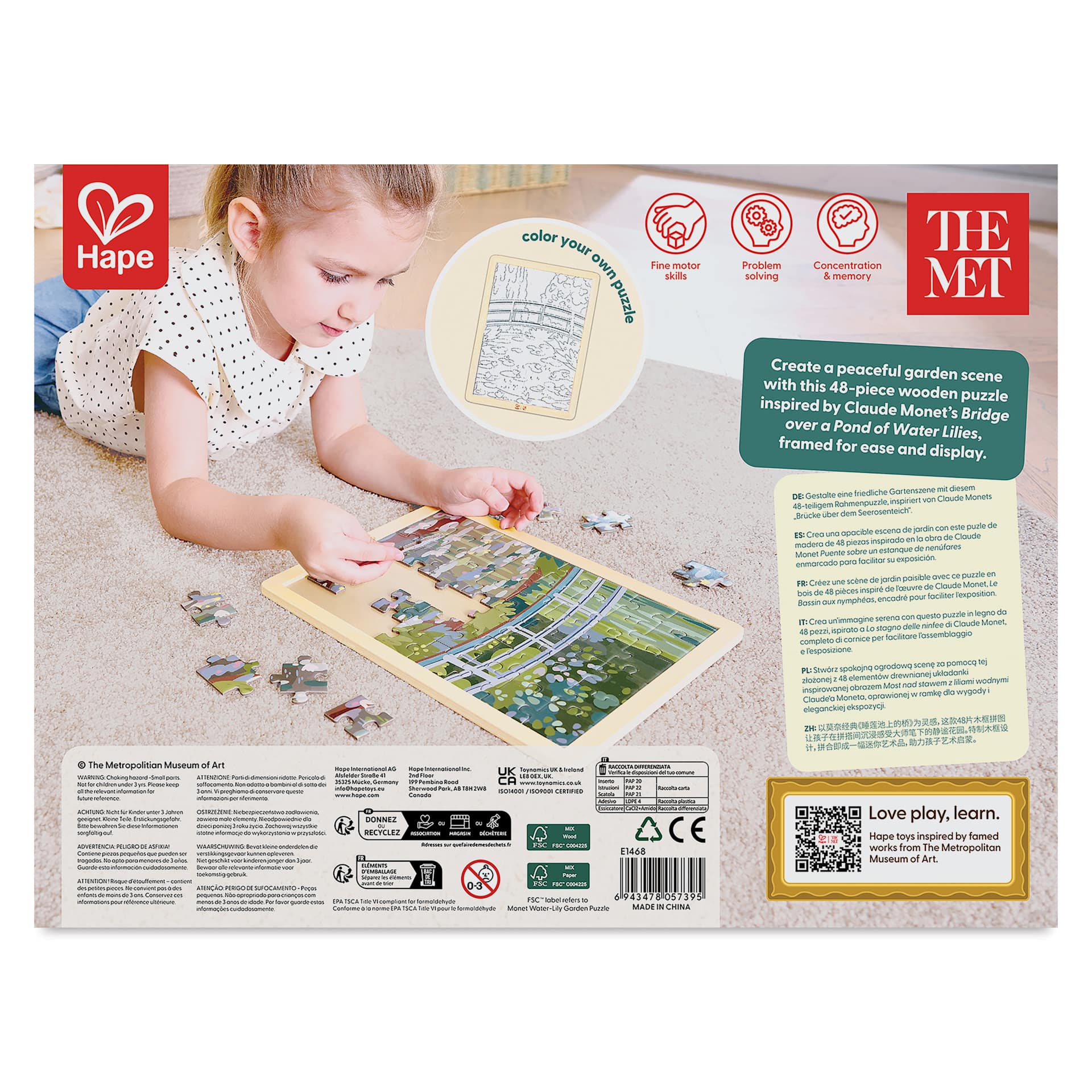 Hape x The Met Monet Water-Lily Garden Wooden Frame Puzzle, back of packaging