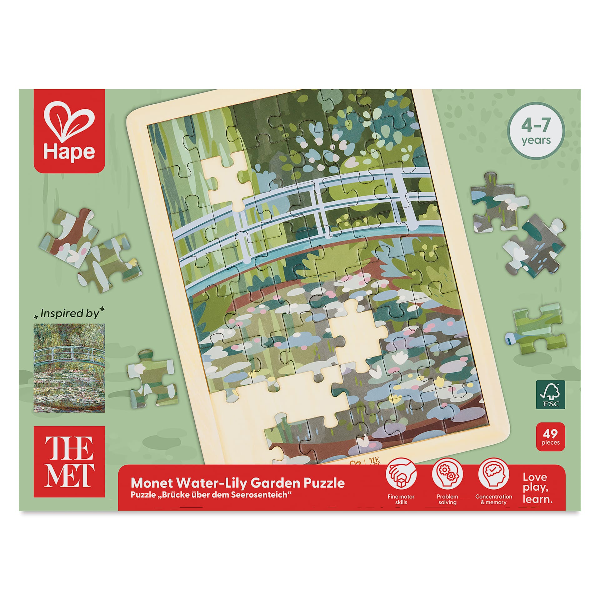 Hape x The Met Monet Water-Lily Garden Wooden Frame Puzzle, front of packaging