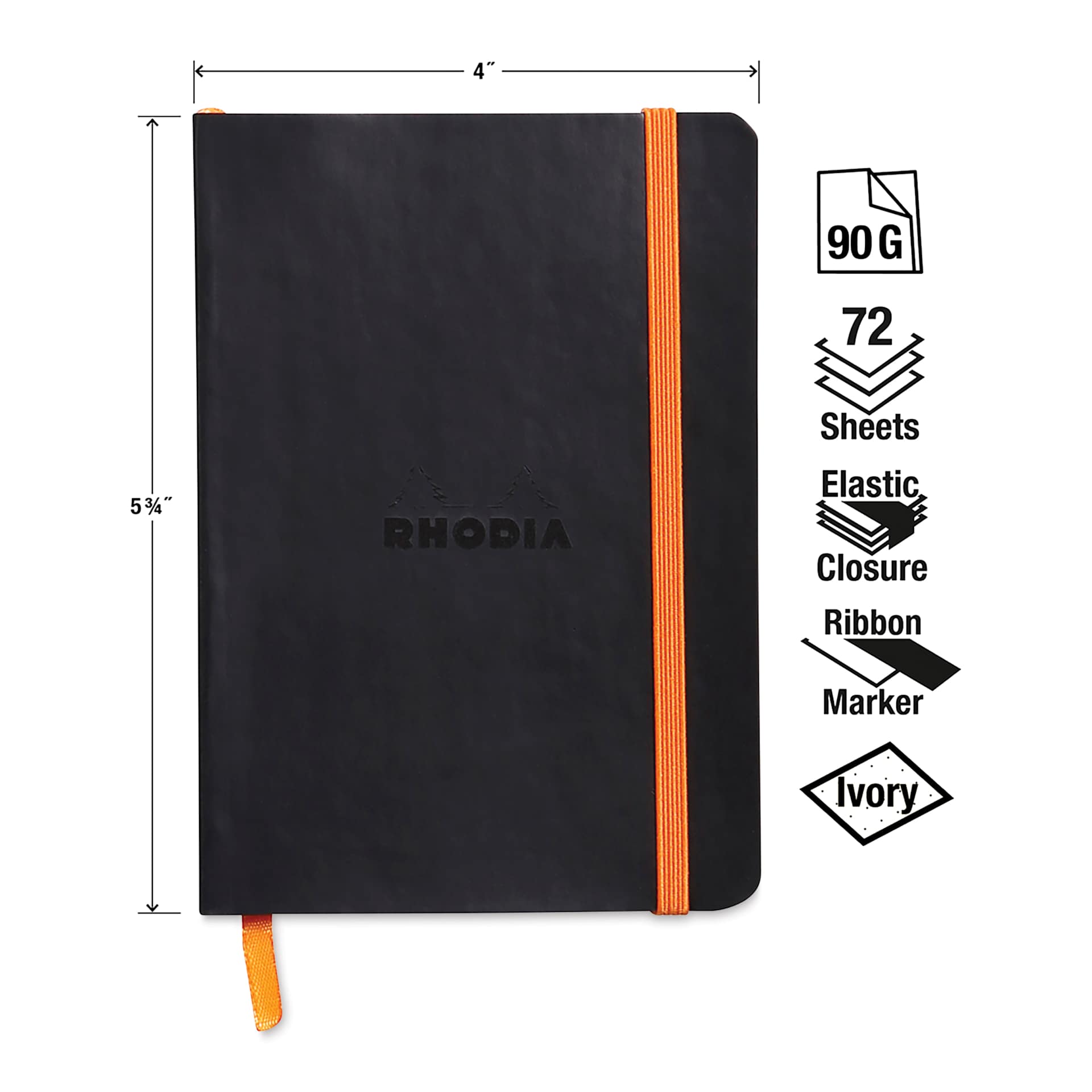 5-3/4" long x 4" wide. 90 gsm. 72 sheets. Elastic closure. Ribbon marker. Ivory paper.