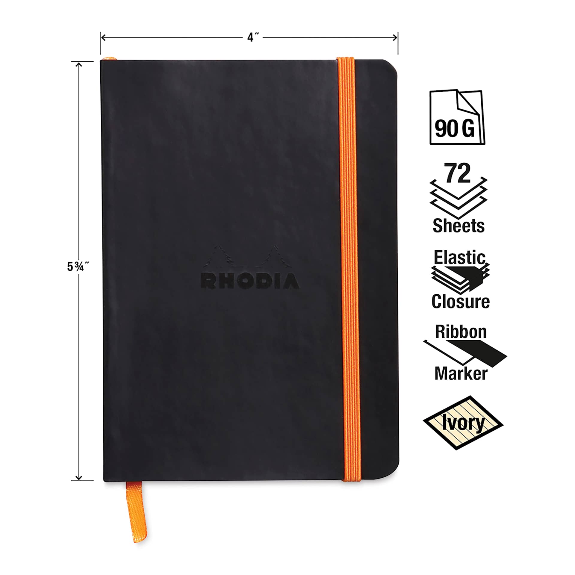 5-3/4" long x 4" wide. 90 gsm. 72 sheets. Elastic closure. Ribbon marker. Ivory paper.
