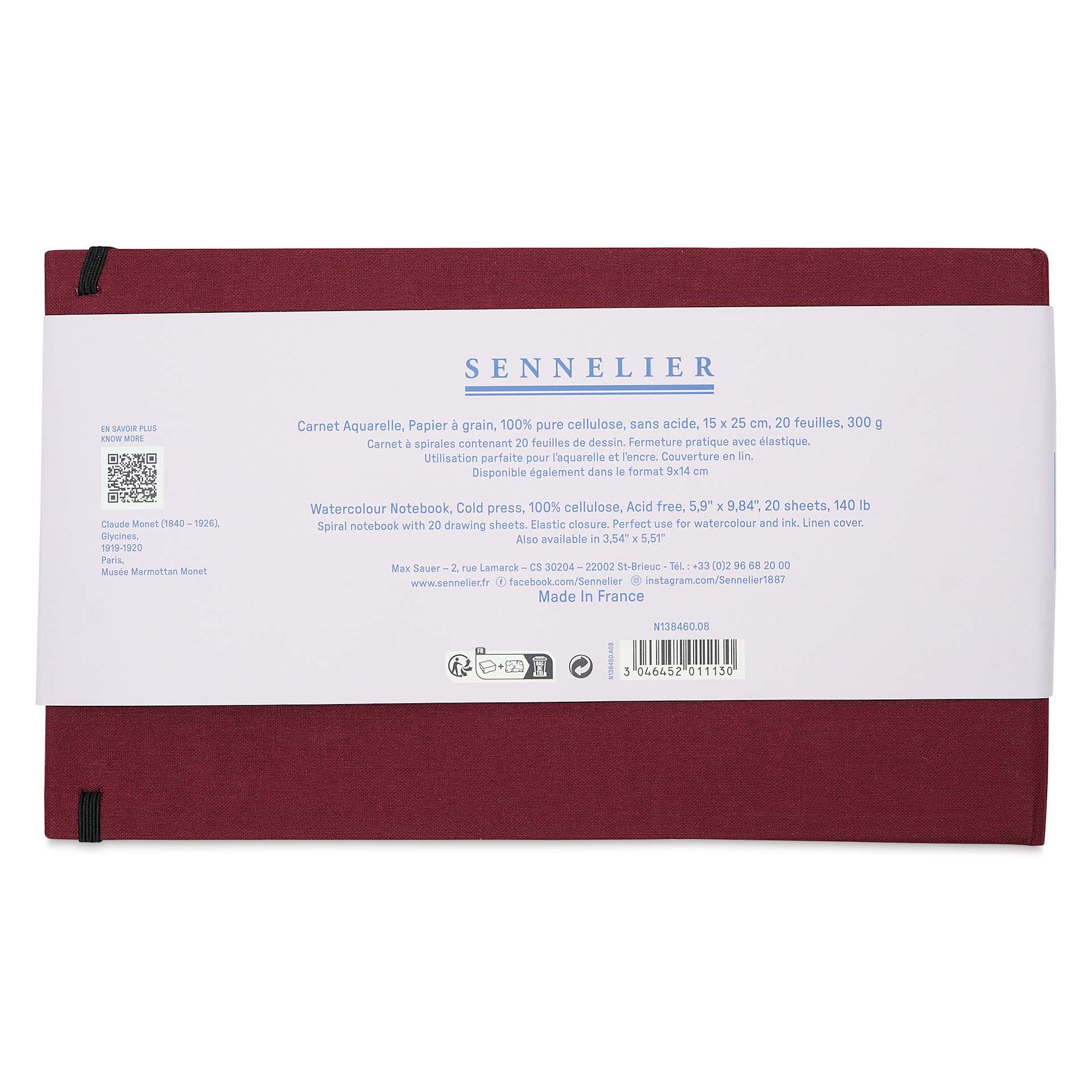 Sennelier Claude Monet Watercolor Notebook - 5.9" x 9.8", Red, back cover with label