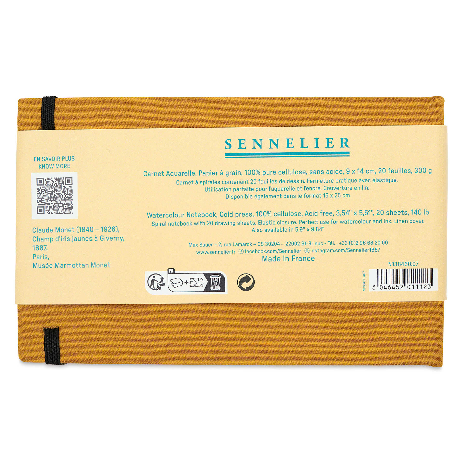 Sennelier Claude Monet Watercolor Notebook - 3.5" x 5.5", Yellow, back cover with label
