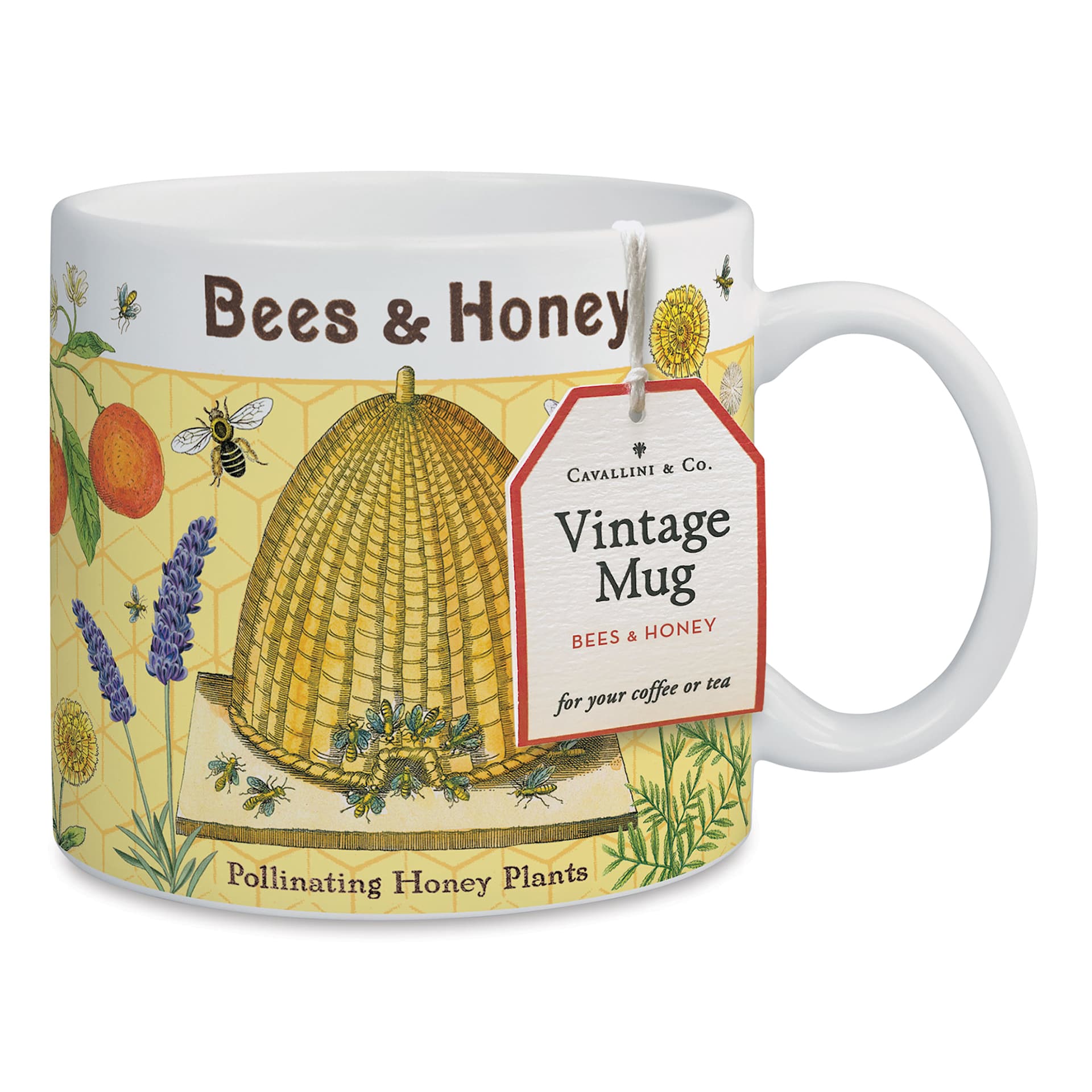 Cavallini Vintage Bees & Honey Mug out of packaging with tag