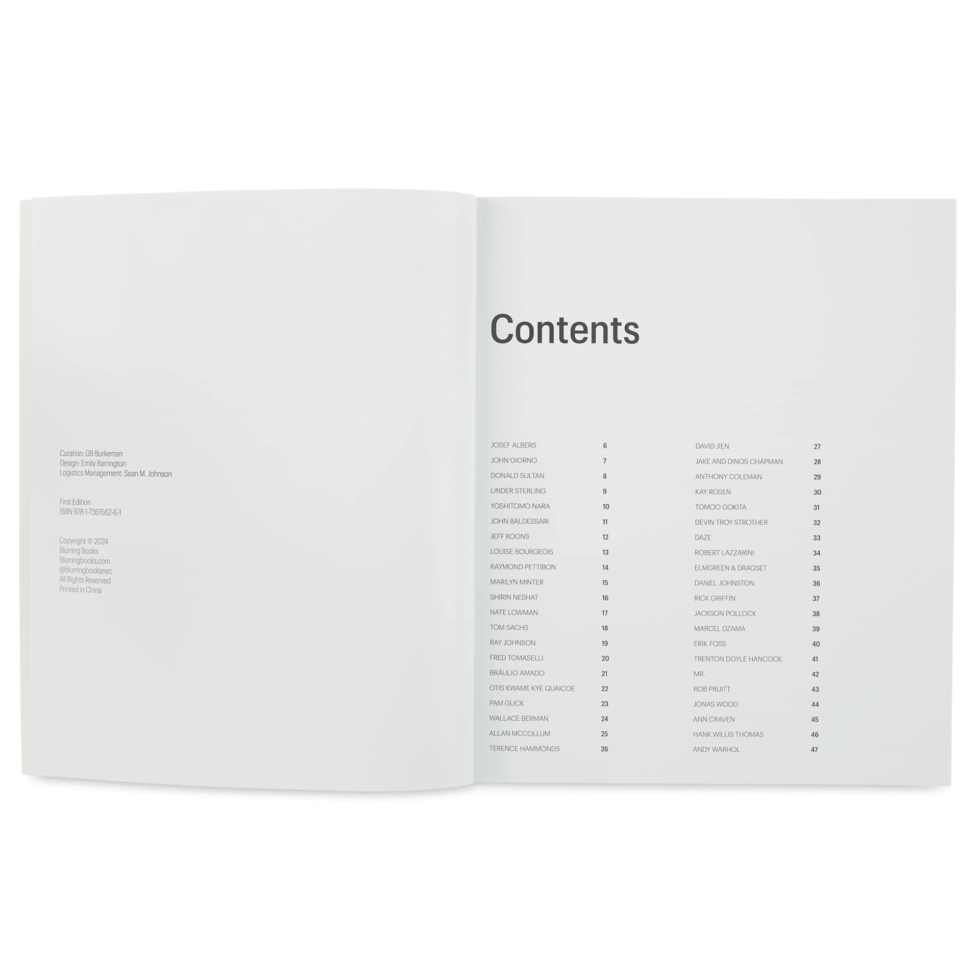 The Unbelievably Fantastic Artists’ Sticker Book, table of contents