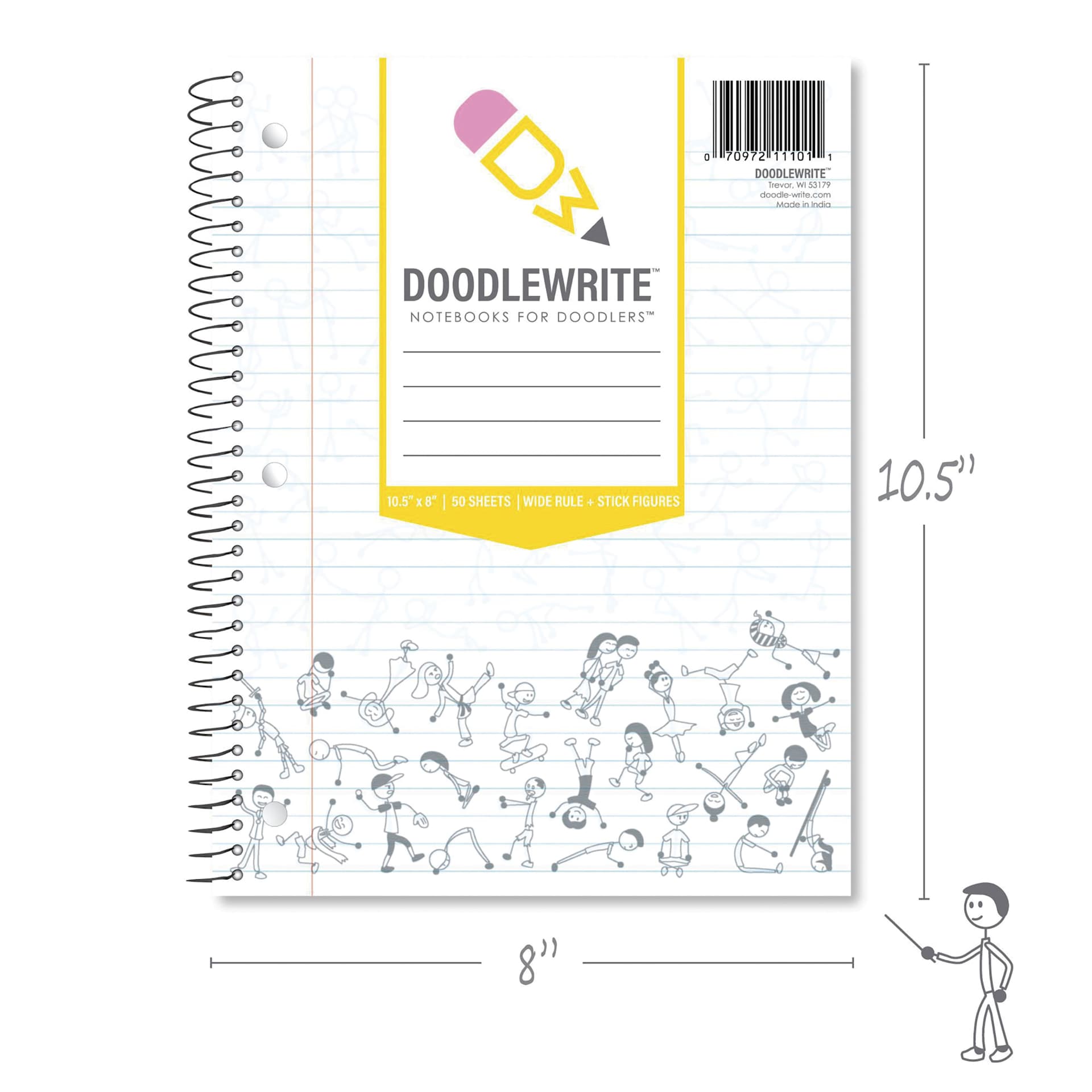 Roaring Spring Doodlewrite Spiral Notebook - 8" x 10-1/2", Wide Ruled, 60 Sheets, dimensions