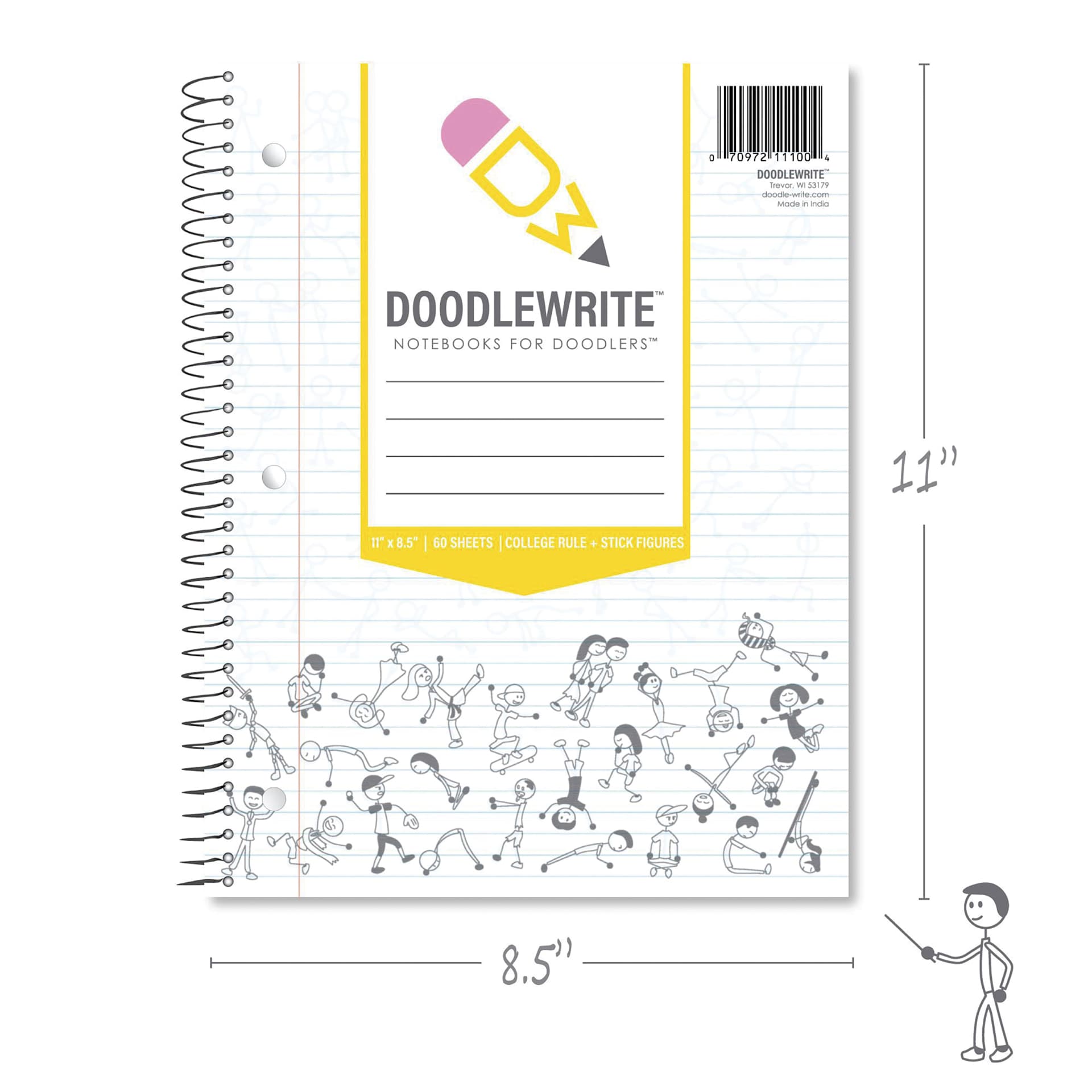 Roaring Spring Doodlewrite Spiral Notebook - 8-1/2" x 11", Ruled, 60 Sheets, dimensions