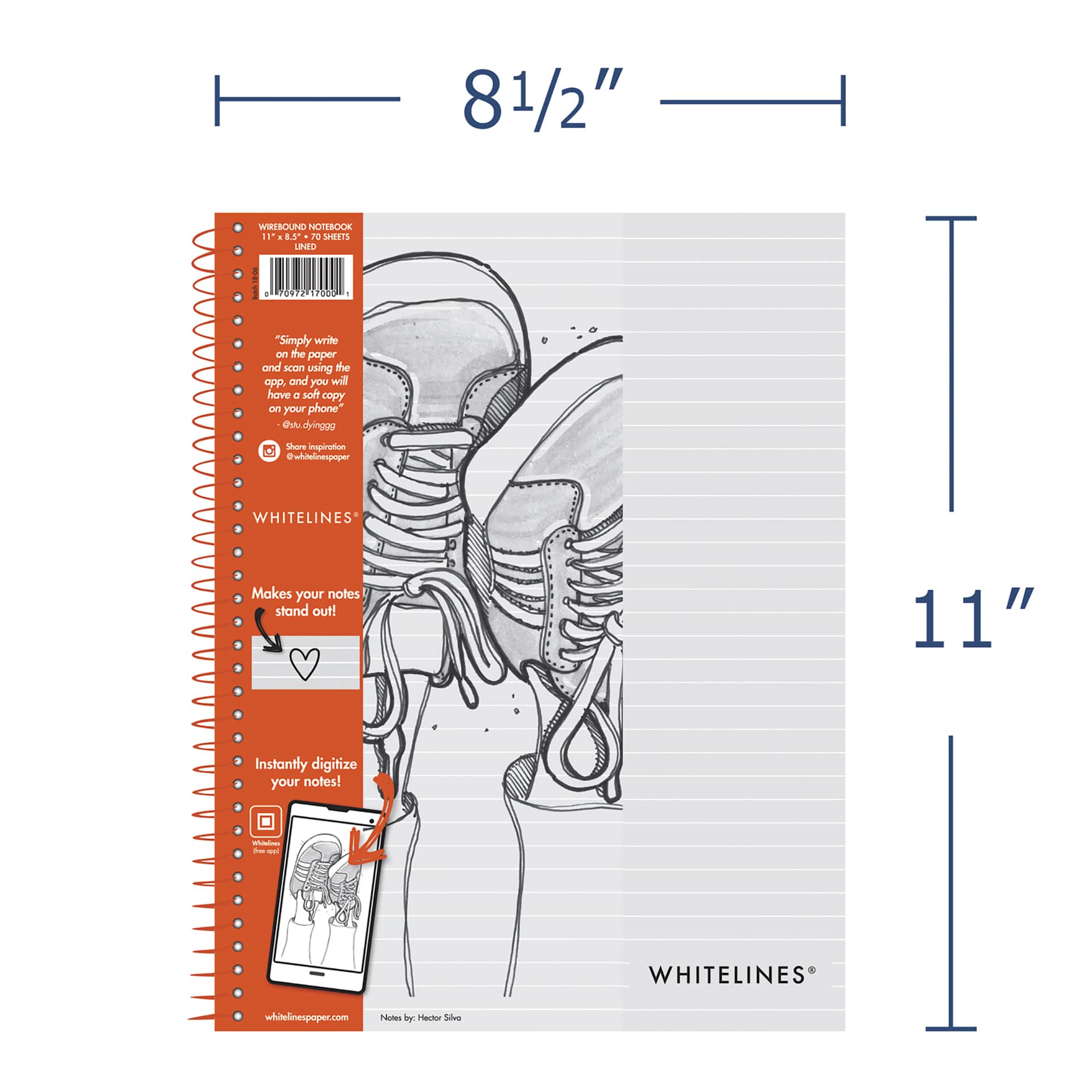 Roaring Spring Whitelines Wirebound Notebook - Ruled, 8-1/2" x 11", 70 Sheets, dimensions
